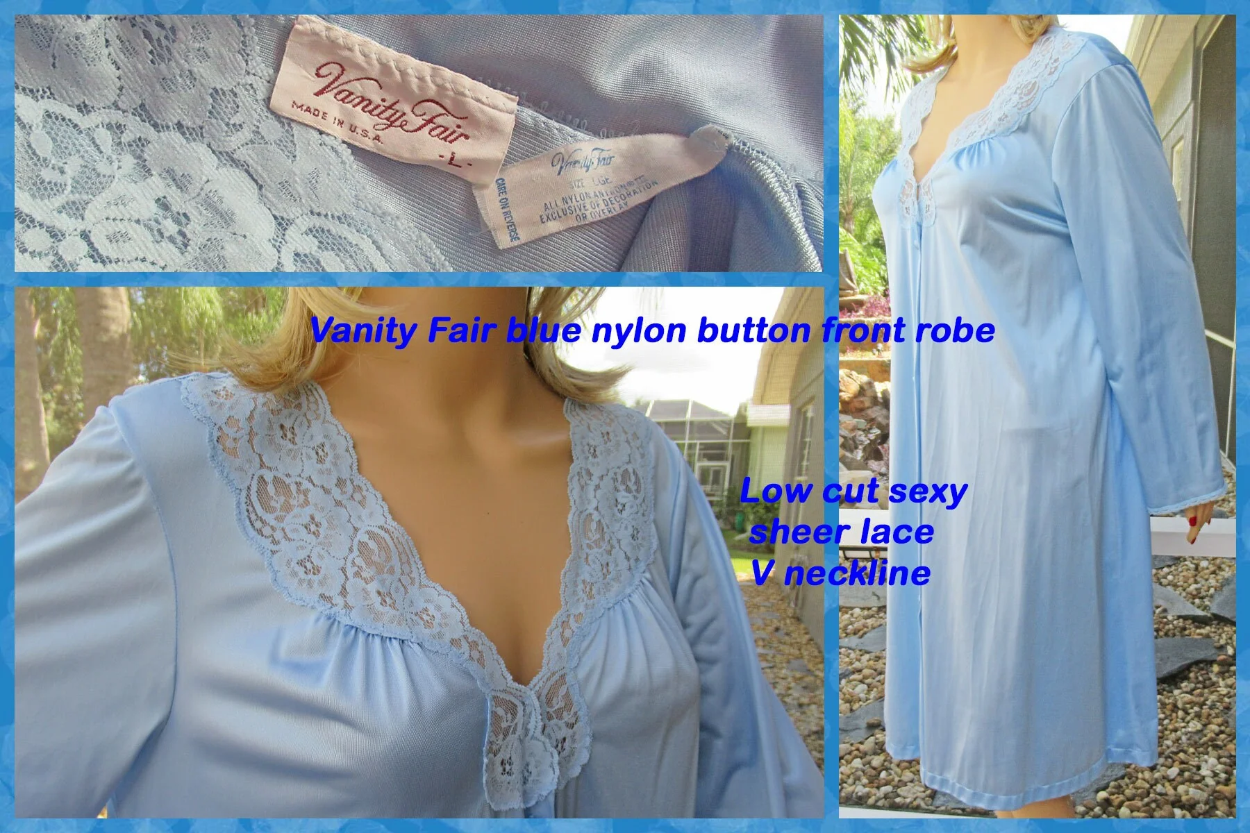 Sz L Robe 44 Inch Bust Made In Usa, Blue Nylon Button Front, Knee Length, Lace V Neckline, 1 Hidden Side Pocket, Sexy Vtg by Vanity Fair - Image 3