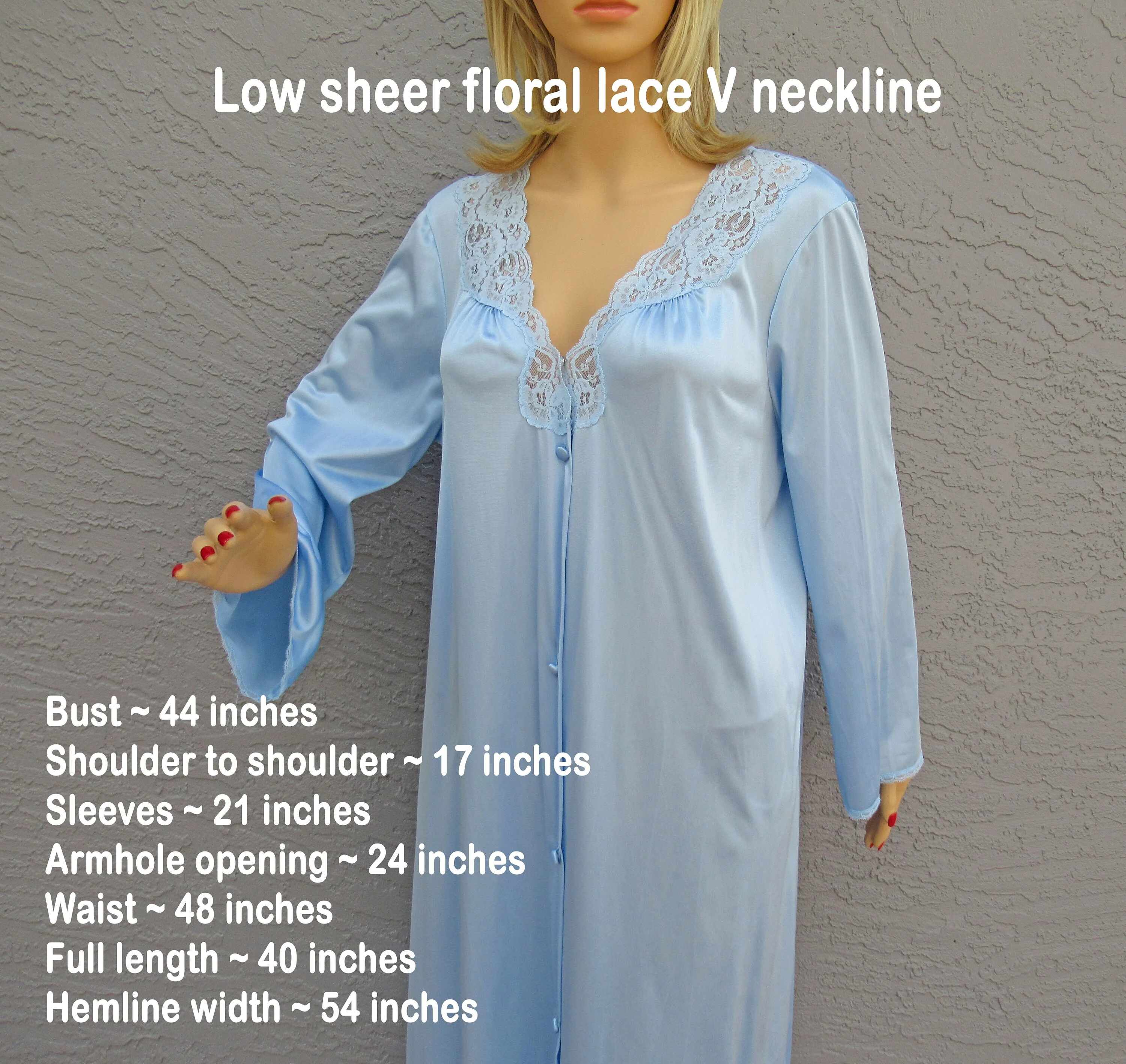 Sz L Robe 44 Inch Bust Made In Usa, Blue Nylon Button Front, Knee Length, Lace V Neckline, 1 Hidden Side Pocket, Sexy Vtg by Vanity Fair - Image 4