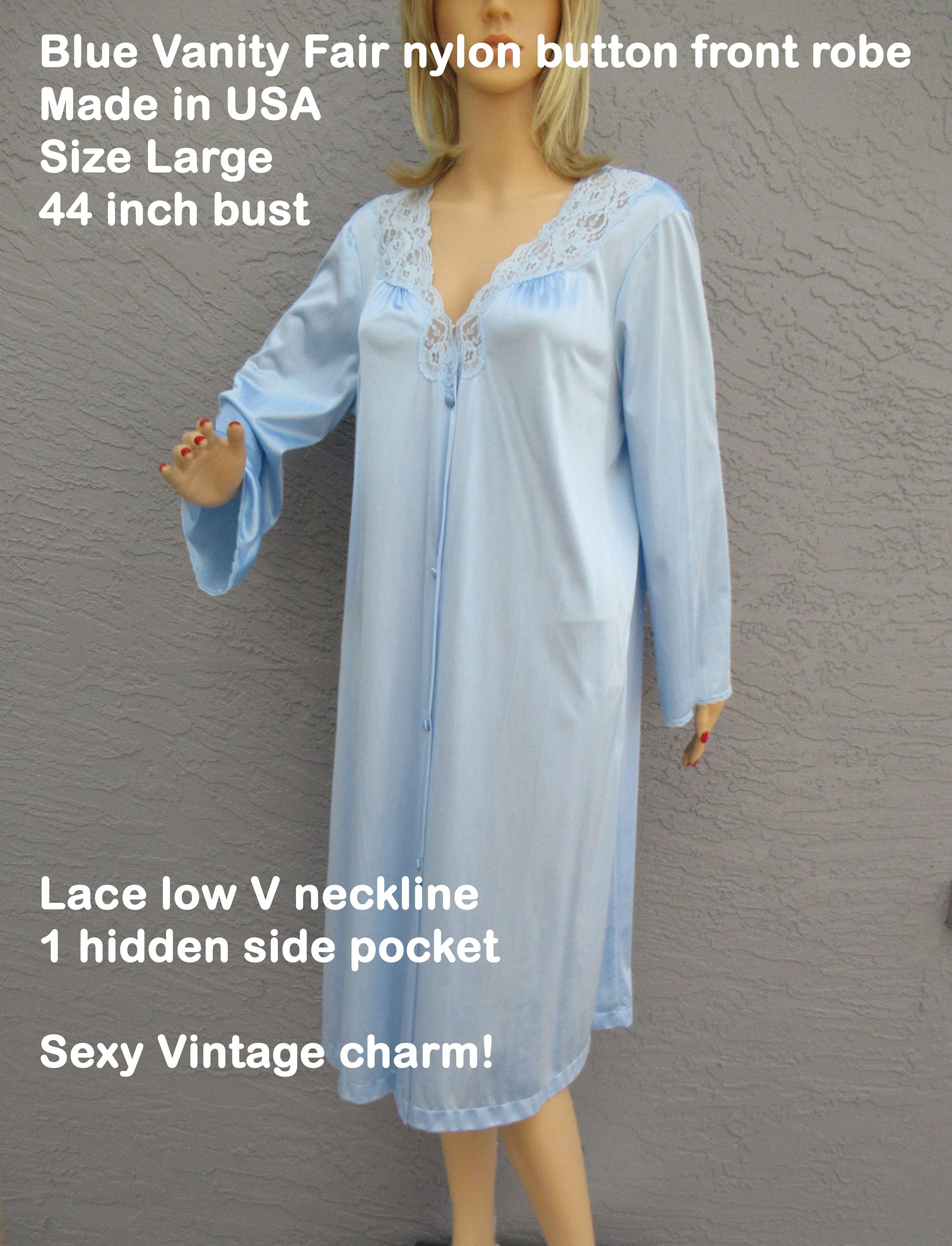 Sz L Robe 44 Inch Bust Made In Usa, Blue Nylon Button Front, Knee Length, Lace V Neckline, 1 Hidden Side Pocket, Sexy Vtg by Vanity Fair - Image 6