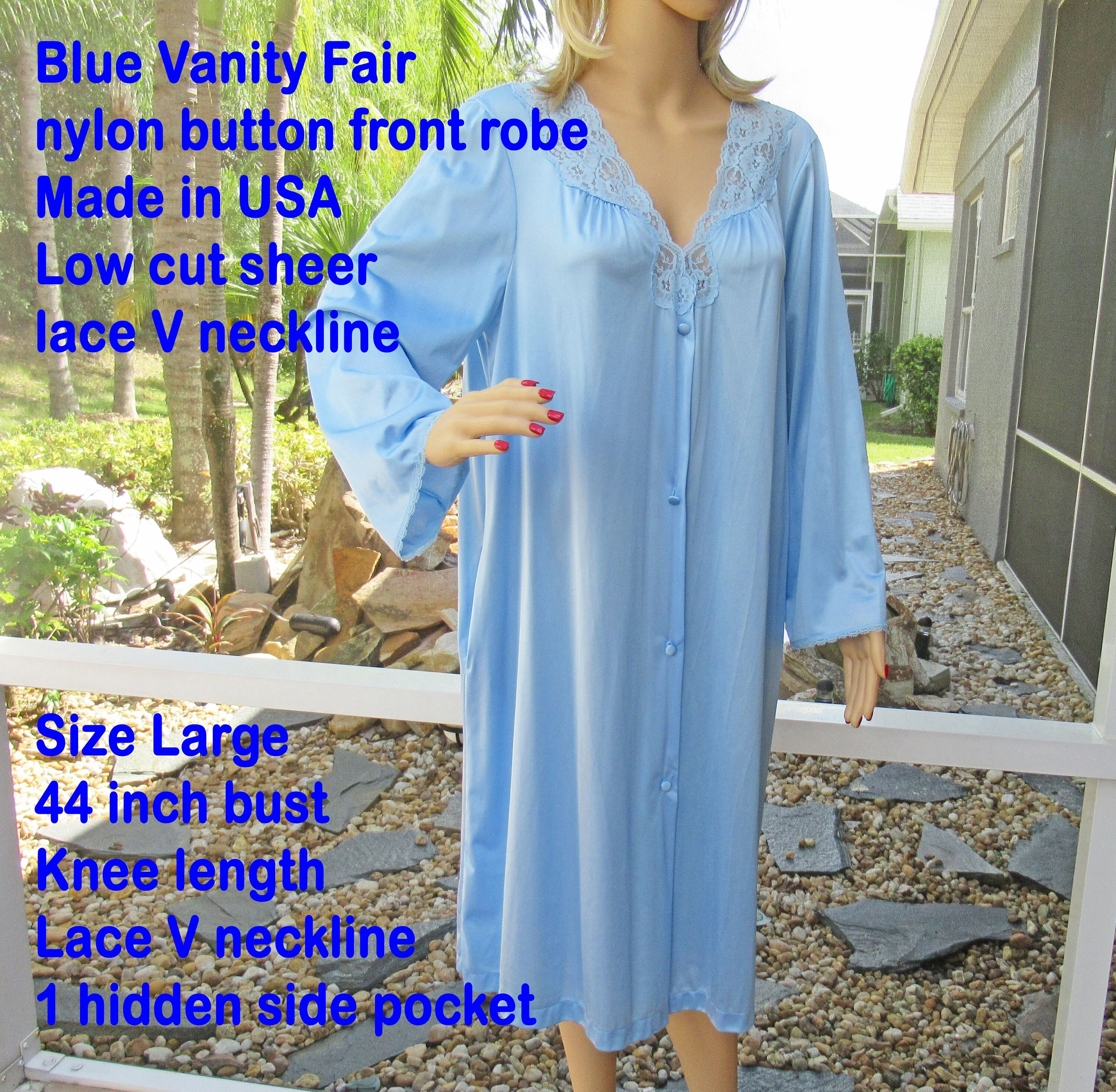 Sz L Robe 44 Inch Bust Made In Usa, Blue Nylon Button Front, Knee Length, Lace V Neckline, 1 Hidden Side Pocket, Sexy Vtg by Vanity Fair - Image 7
