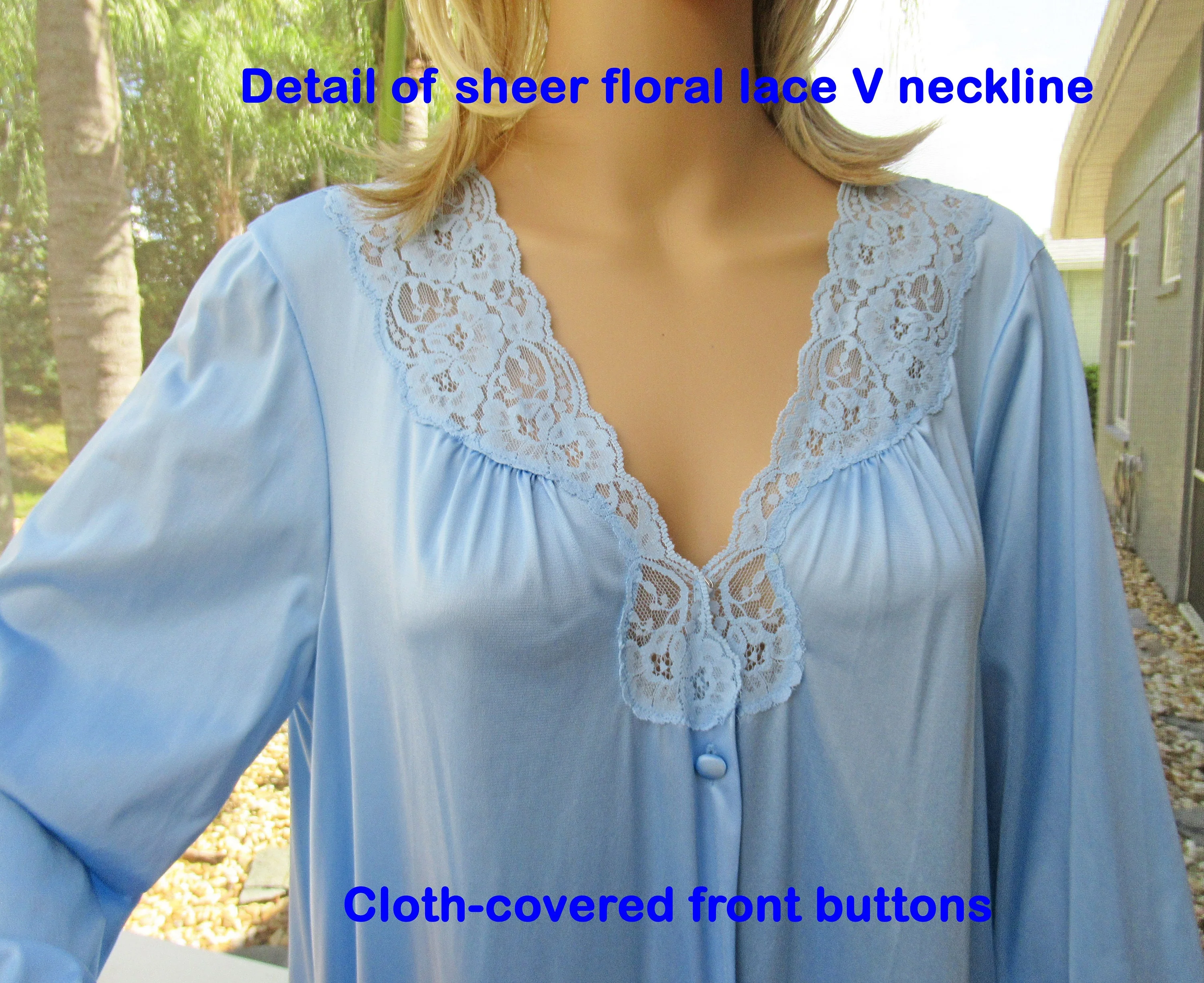 Sz L Robe 44 Inch Bust Made In Usa, Blue Nylon Button Front, Knee Length, Lace V Neckline, 1 Hidden Side Pocket, Sexy Vtg by Vanity Fair - Image 8