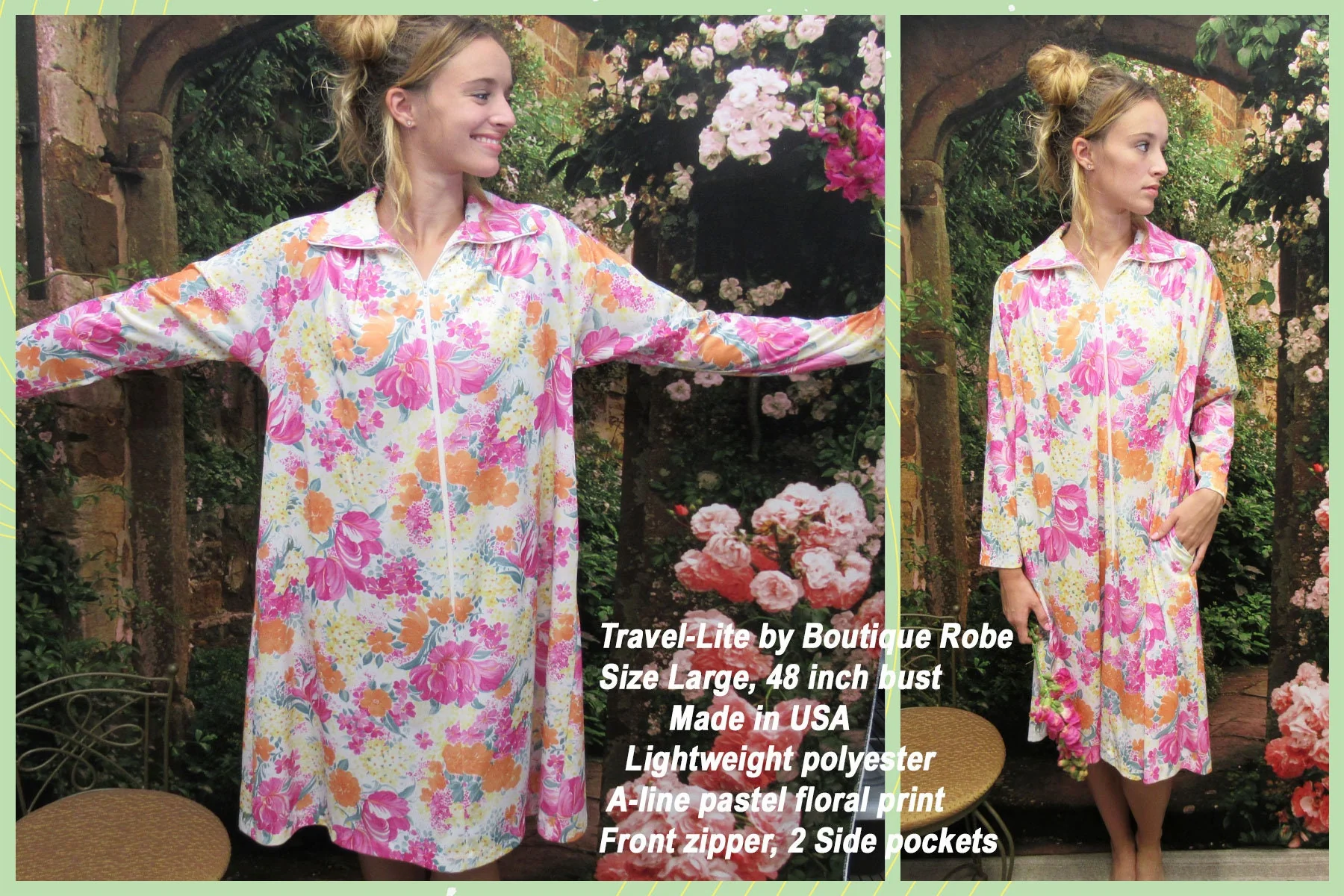 Sz L Robe 48 Inch Bust, Travel-Lite by Boutique, Made In Usa, Knee Length Polyester A-Line Pastel Floral Print, Front Zip, 2 Side Pockets - Image 2