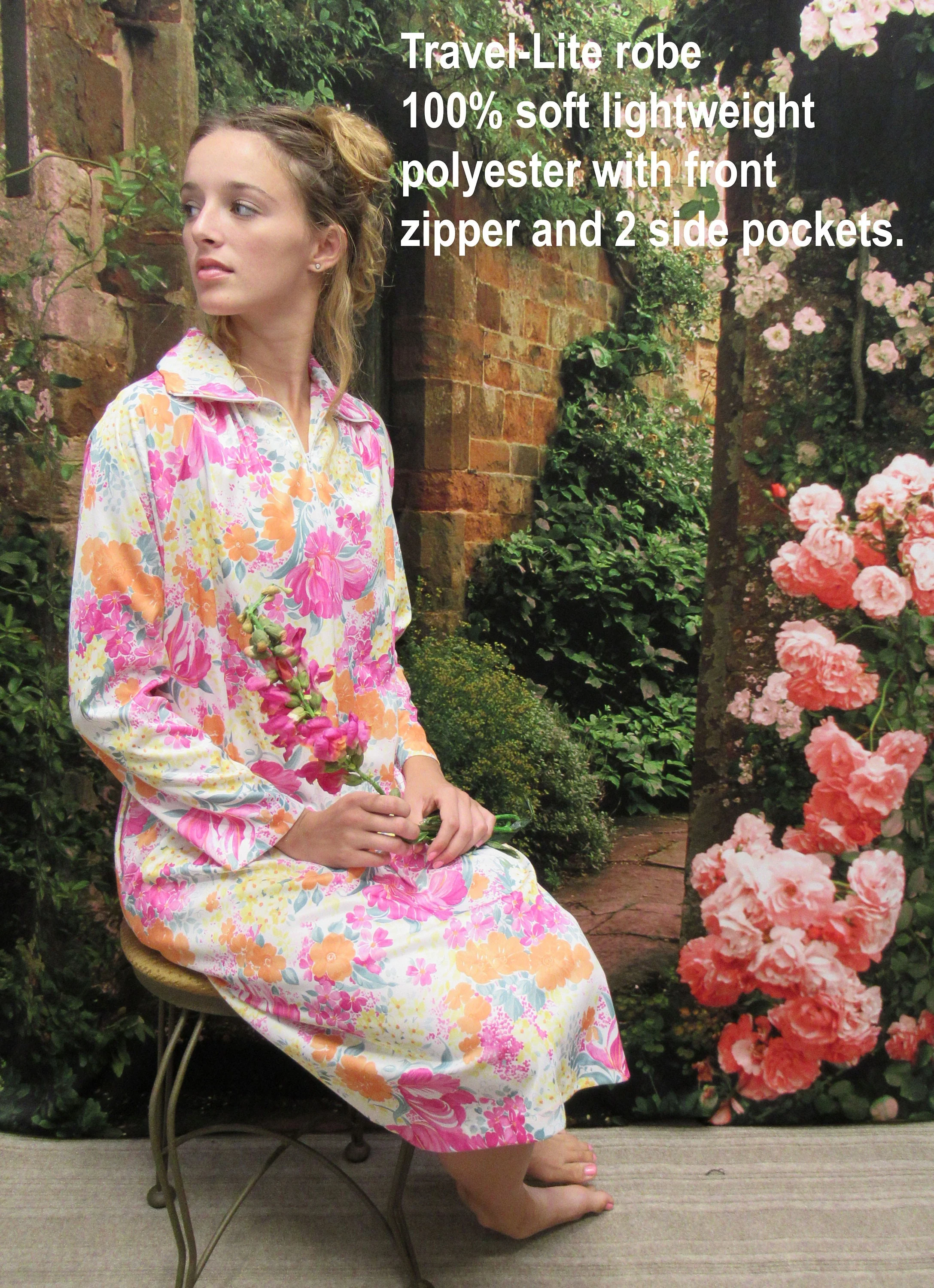 Sz L Robe 48 Inch Bust, Travel-Lite by Boutique, Made In Usa, Knee Length Polyester A-Line Pastel Floral Print, Front Zip, 2 Side Pockets - Image 3