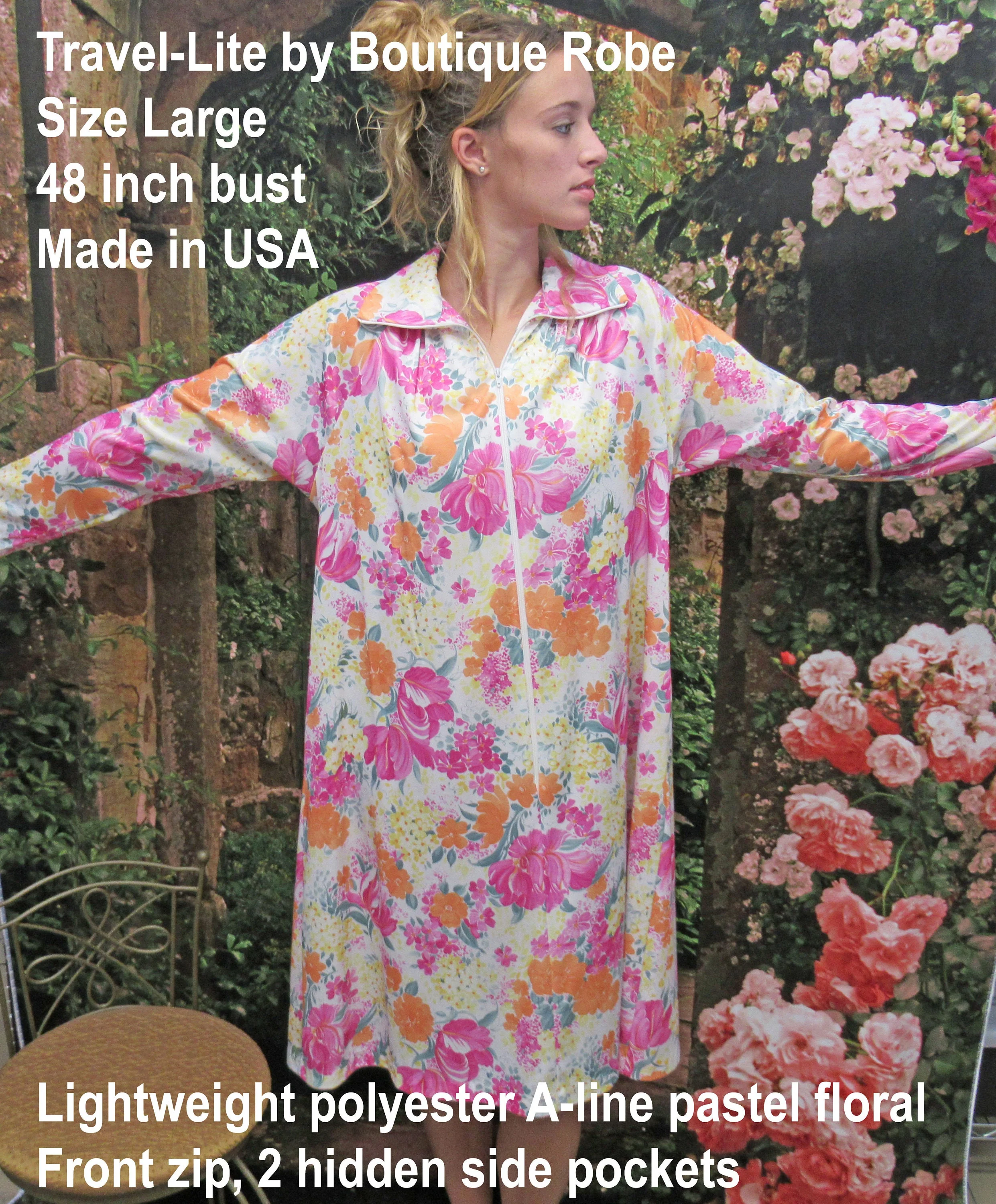 Sz L Robe 48 Inch Bust, Travel-Lite by Boutique, Made In Usa, Knee Length Polyester A-Line Pastel Floral Print, Front Zip, 2 Side Pockets - Image 5