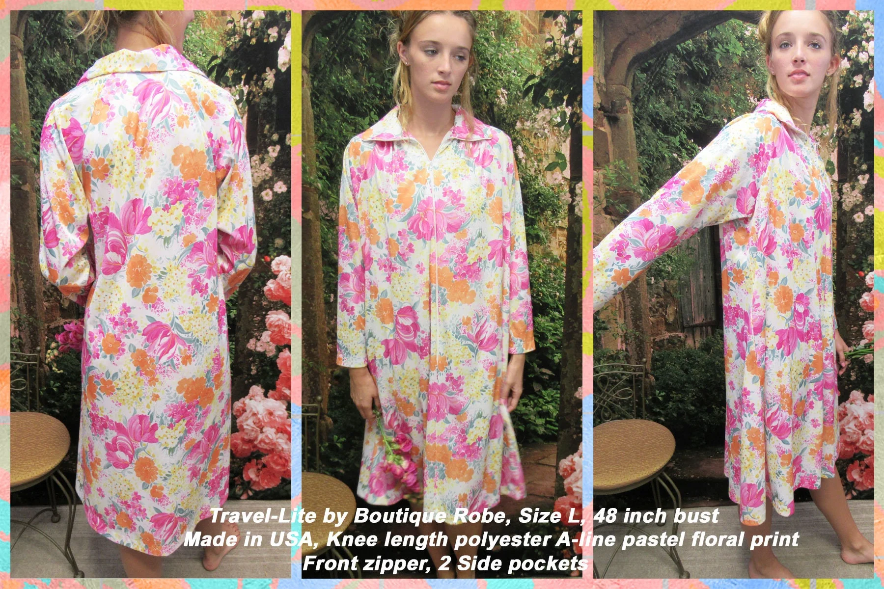 Sz L Robe 48 Inch Bust, Travel-Lite by Boutique, Made In Usa, Knee Length Polyester A-Line Pastel Floral Print, Front Zip, 2 Side Pockets - Image 6