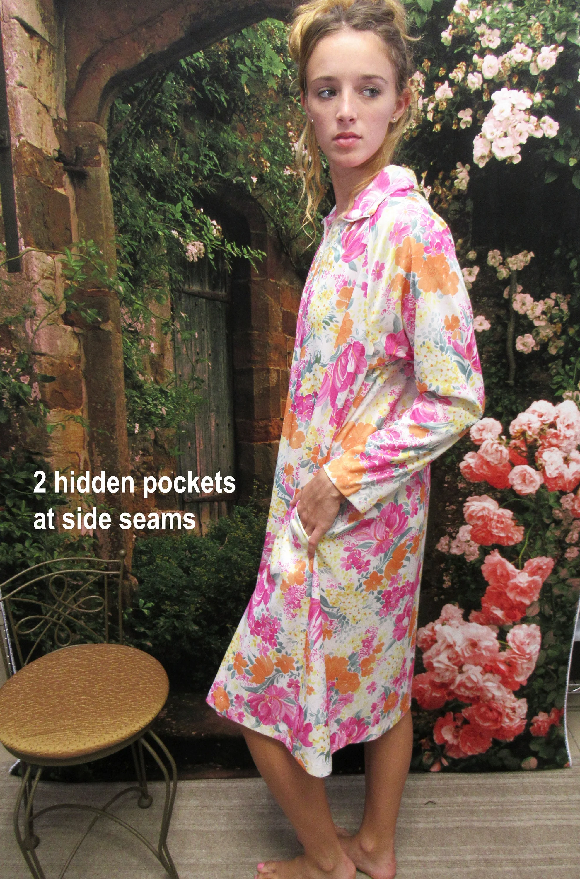 Sz L Robe 48 Inch Bust, Travel-Lite by Boutique, Made In Usa, Knee Length Polyester A-Line Pastel Floral Print, Front Zip, 2 Side Pockets - Image 8