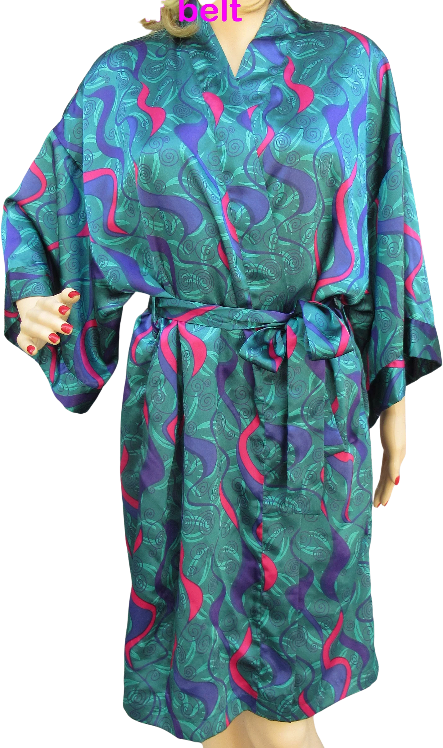 Sz L Wrap Front Robe Plus Removable Self Belt Lingerie Caique Polyester In Green, Blue, Pink, Made In Hong Kong, Wide Sleeves, Vtg