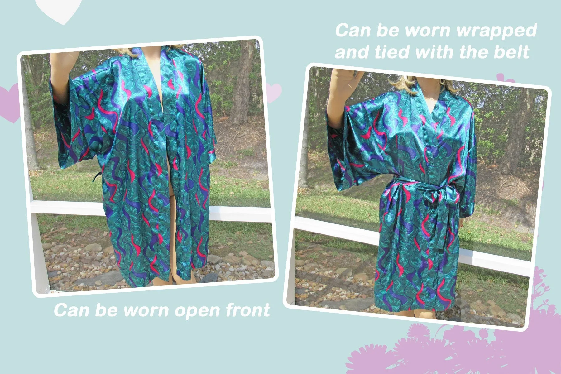Sz L Wrap Front Robe Plus Removable Self Belt Lingerie Caique Polyester In Green, Blue, Pink, Made In Hong Kong, Wide Sleeves, Vtg - Image 2