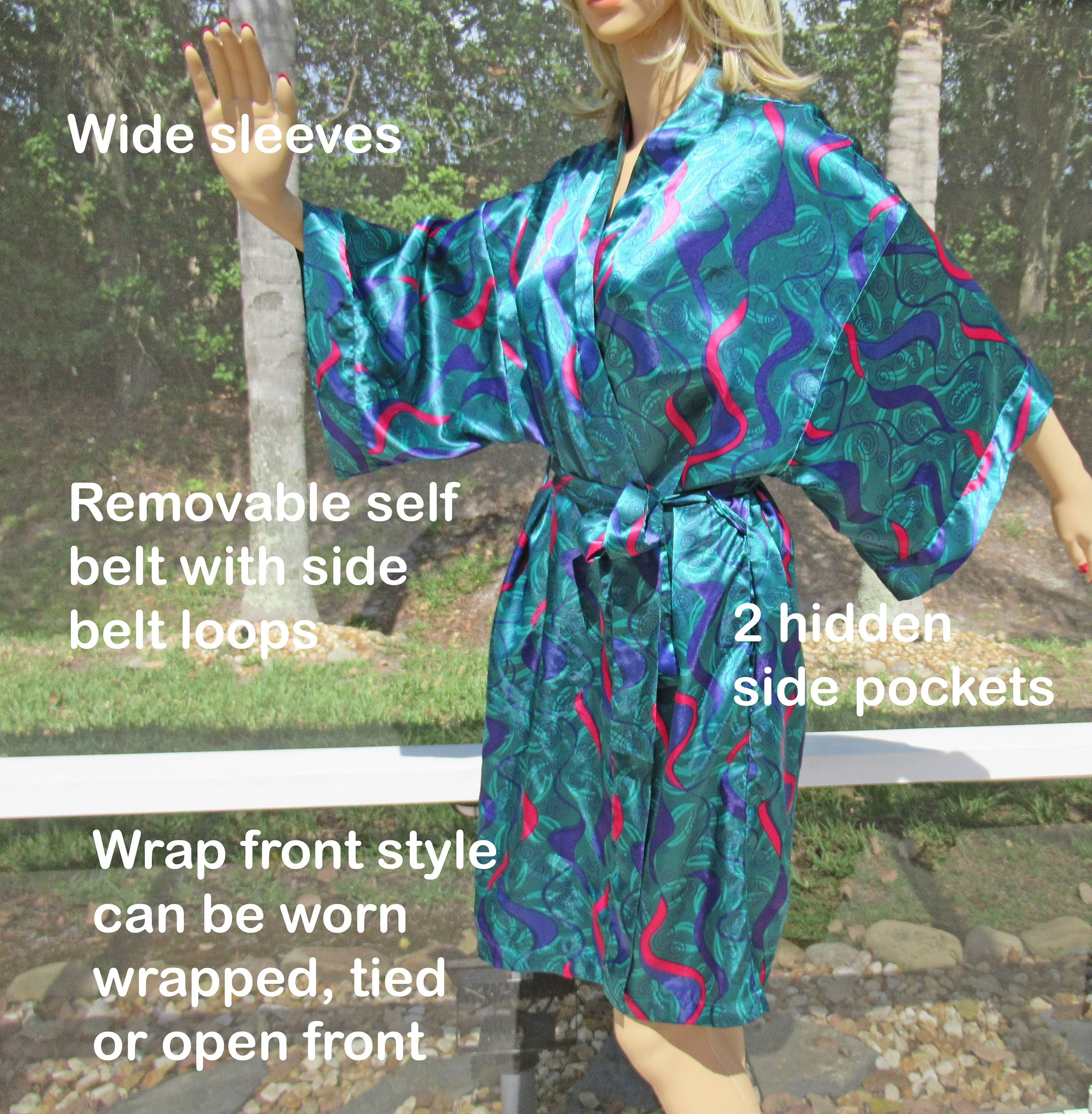 Sz L Wrap Front Robe Plus Removable Self Belt Lingerie Caique Polyester In Green, Blue, Pink, Made In Hong Kong, Wide Sleeves, Vtg - Image 3