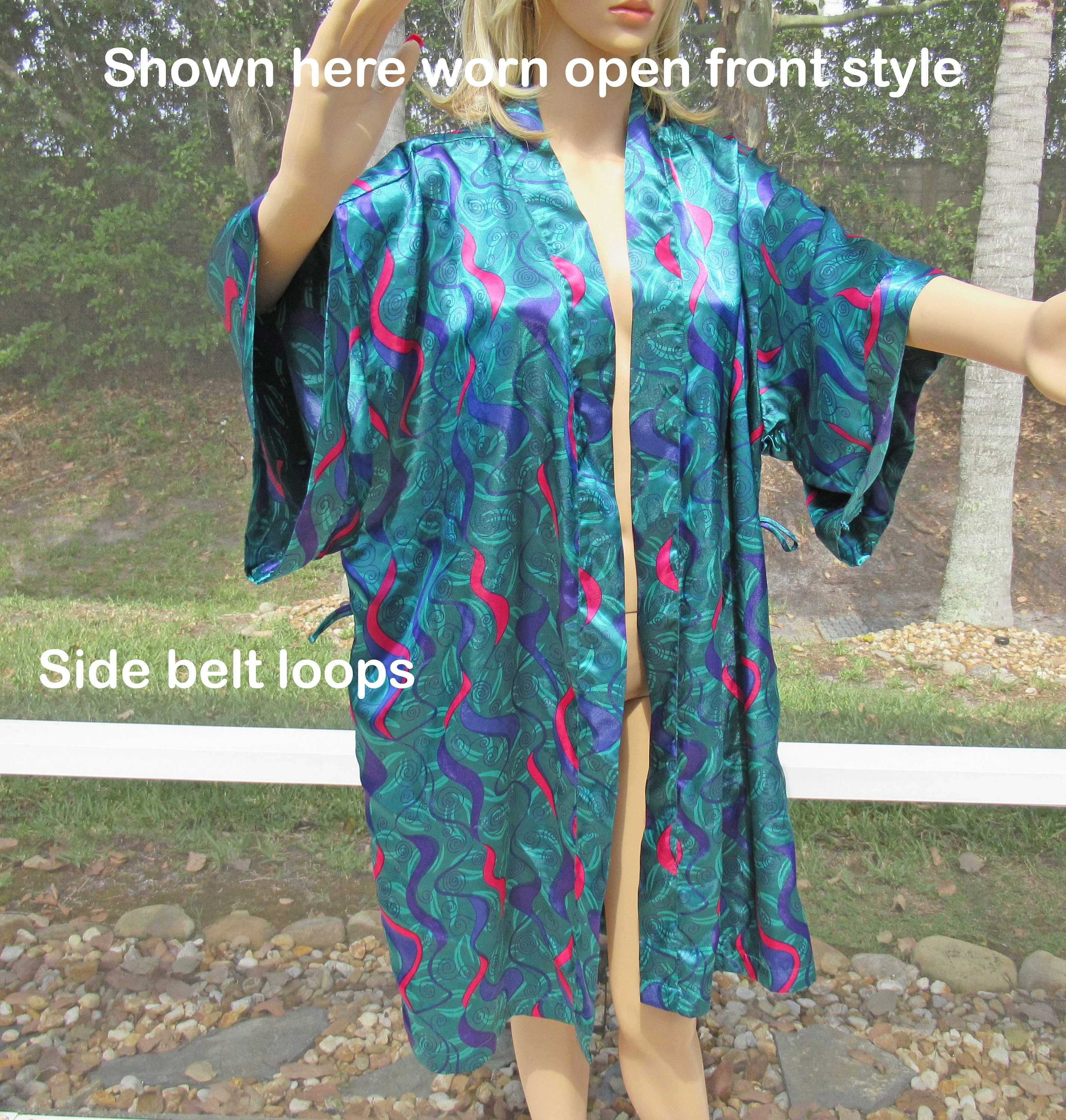 Sz L Wrap Front Robe Plus Removable Self Belt Lingerie Caique Polyester In Green, Blue, Pink, Made In Hong Kong, Wide Sleeves, Vtg - Image 4