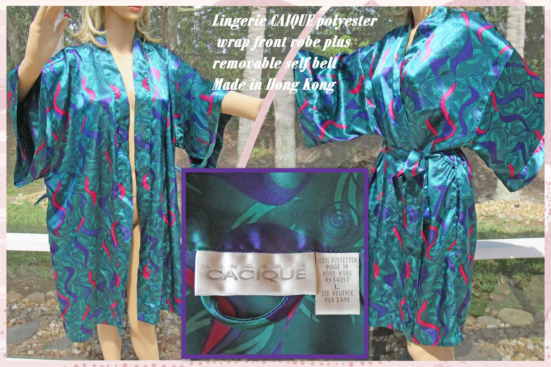 Sz L Wrap Front Robe Plus Removable Self Belt Lingerie Caique Polyester In Green, Blue, Pink, Made In Hong Kong, Wide Sleeves, Vtg - Image 5