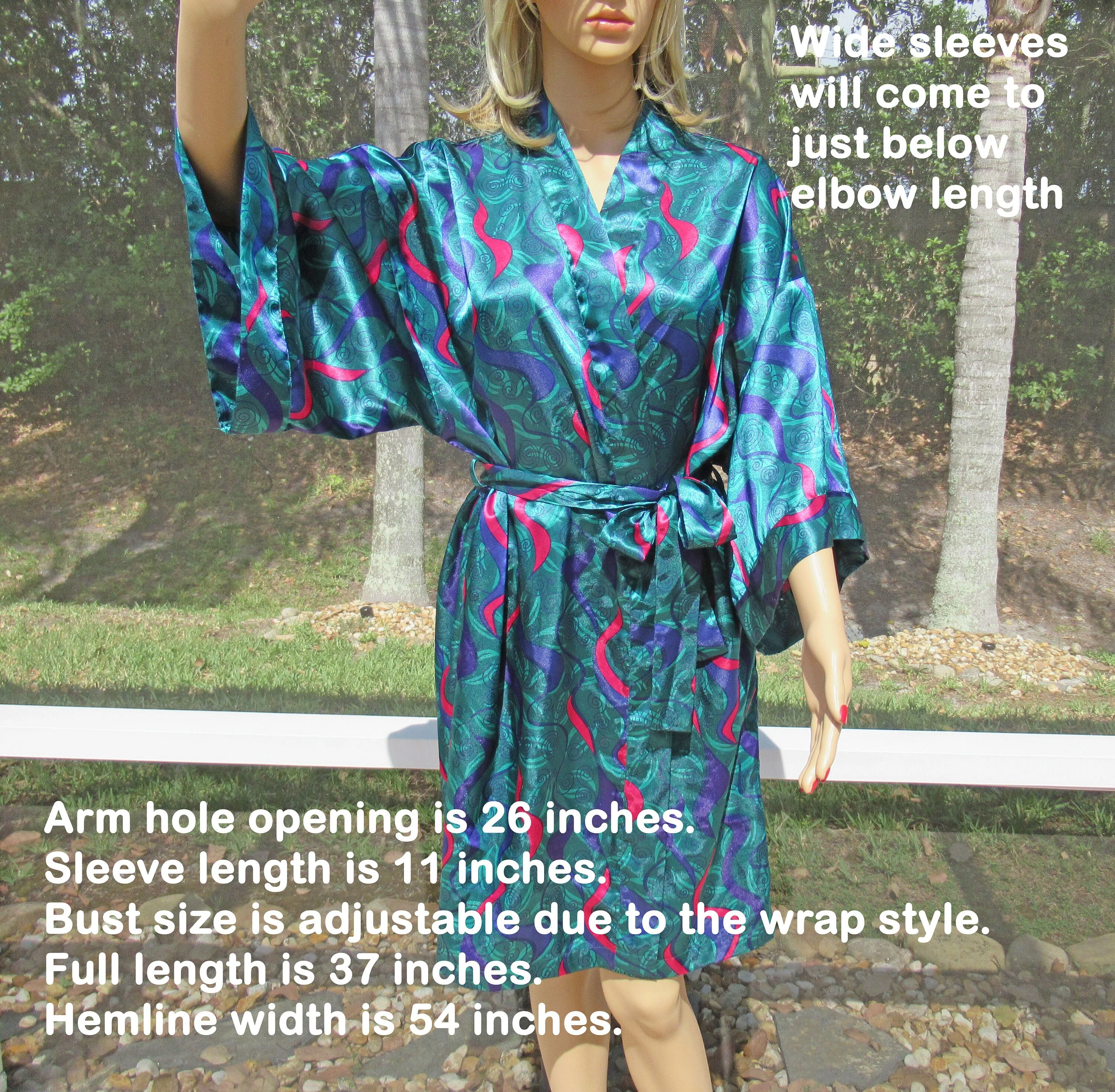 Sz L Wrap Front Robe Plus Removable Self Belt Lingerie Caique Polyester In Green, Blue, Pink, Made In Hong Kong, Wide Sleeves, Vtg - Image 6