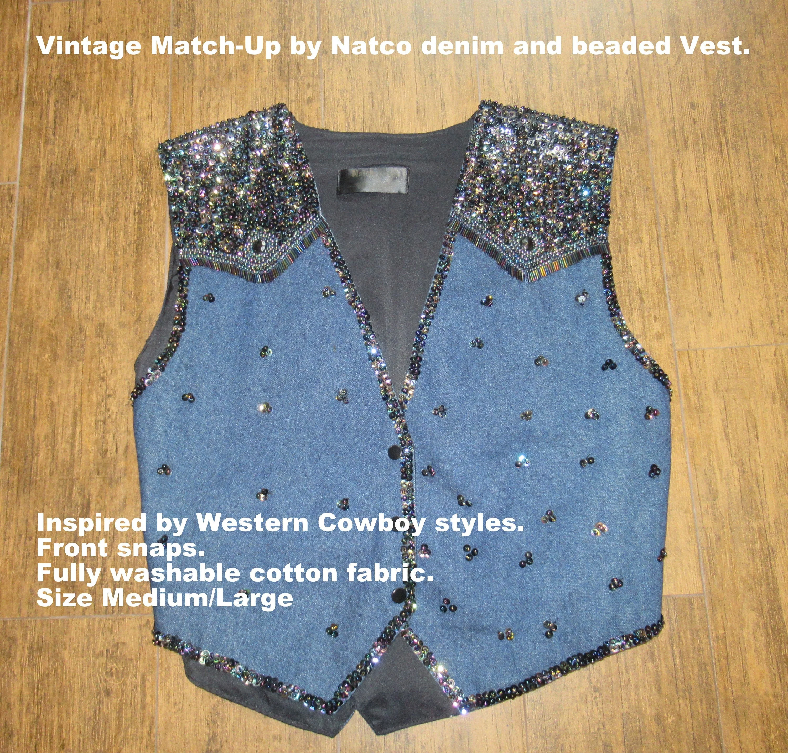 Sz M/l Denim Beaded Vest Inspired by Western Cowboy Styles, Match-Up by Natco, Front Snaps, Back Adjusts To Fit Many, 40 Inch Bust, Vtg - Image 2