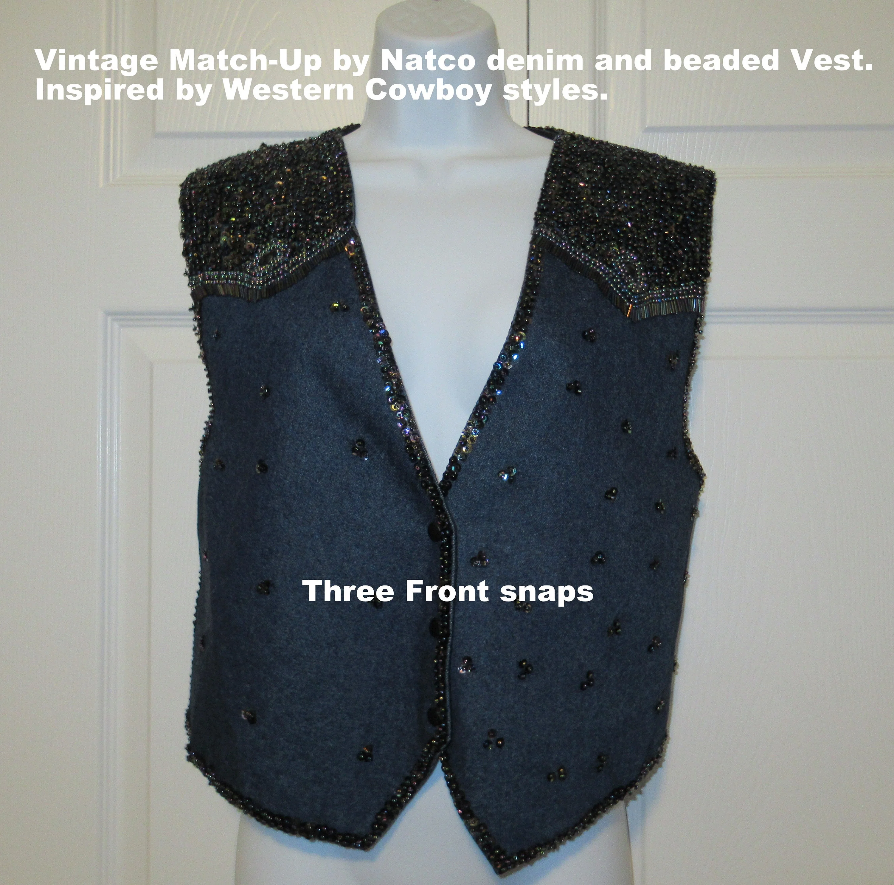 Sz M/l Denim Beaded Vest Inspired by Western Cowboy Styles, Match-Up by Natco, Front Snaps, Back Adjusts To Fit Many, 40 Inch Bust, Vtg - Image 3