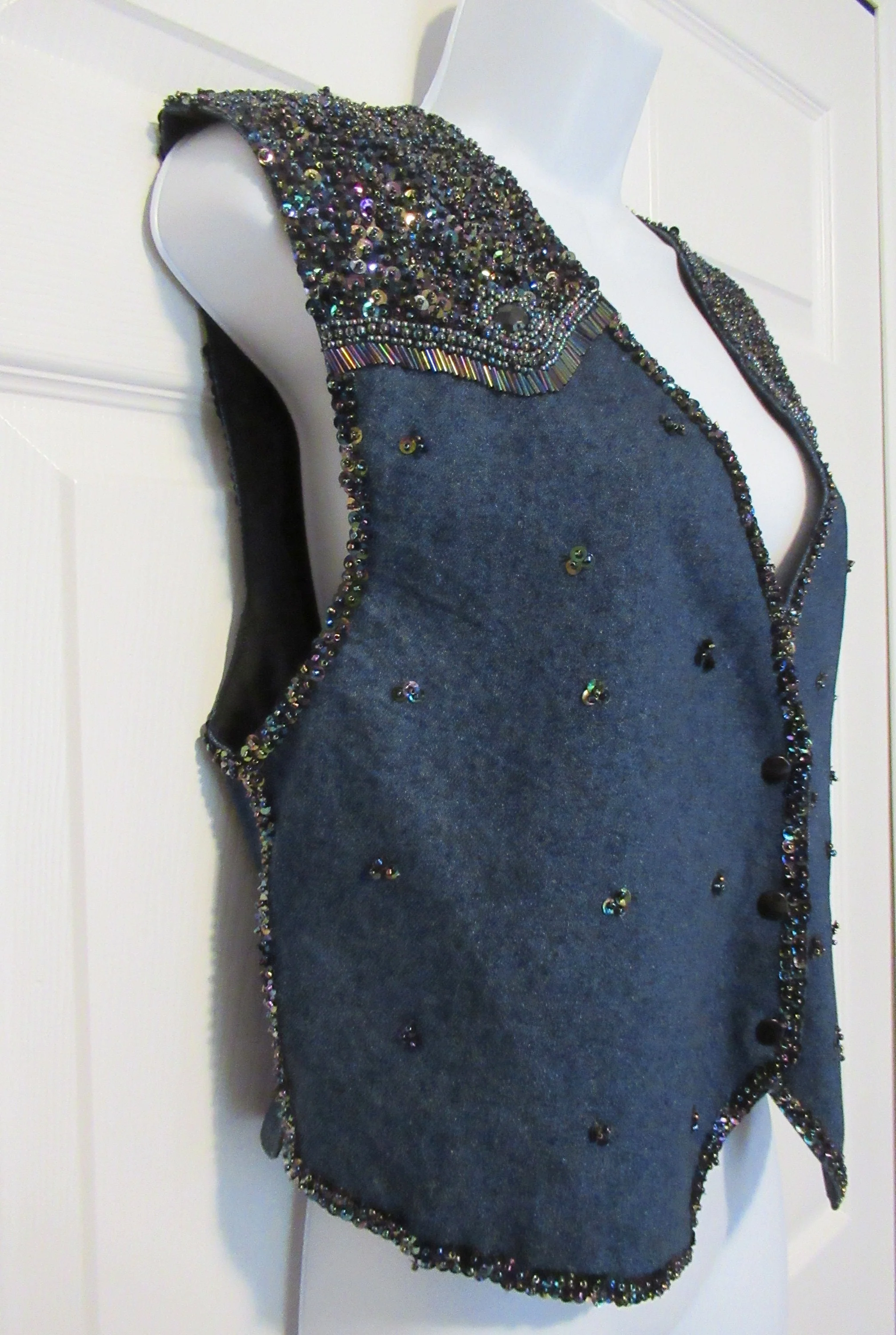 Sz M/l Denim Beaded Vest Inspired by Western Cowboy Styles, Match-Up by Natco, Front Snaps, Back Adjusts To Fit Many, 40 Inch Bust, Vtg - Image 5