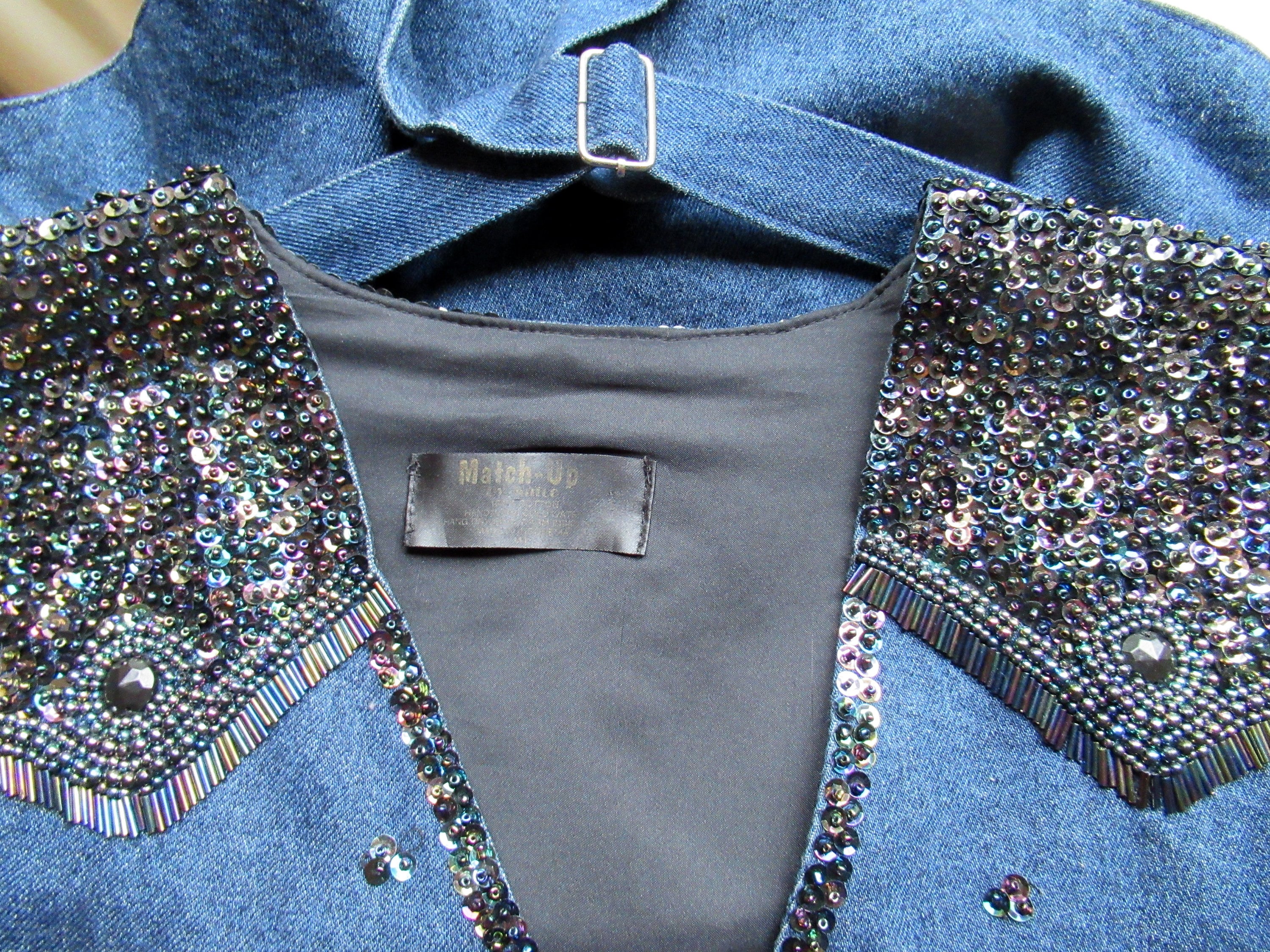 Sz M/l Denim Beaded Vest Inspired by Western Cowboy Styles, Match-Up by Natco, Front Snaps, Back Adjusts To Fit Many, 40 Inch Bust, Vtg - Image 6