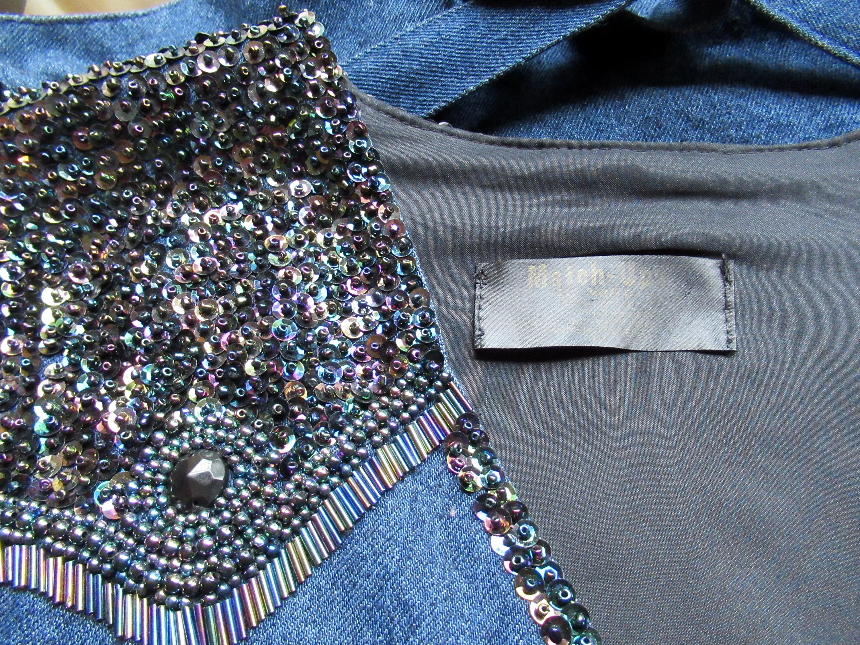 Sz M/l Denim Beaded Vest Inspired by Western Cowboy Styles, Match-Up by Natco, Front Snaps, Back Adjusts To Fit Many, 40 Inch Bust, Vtg - Image 7