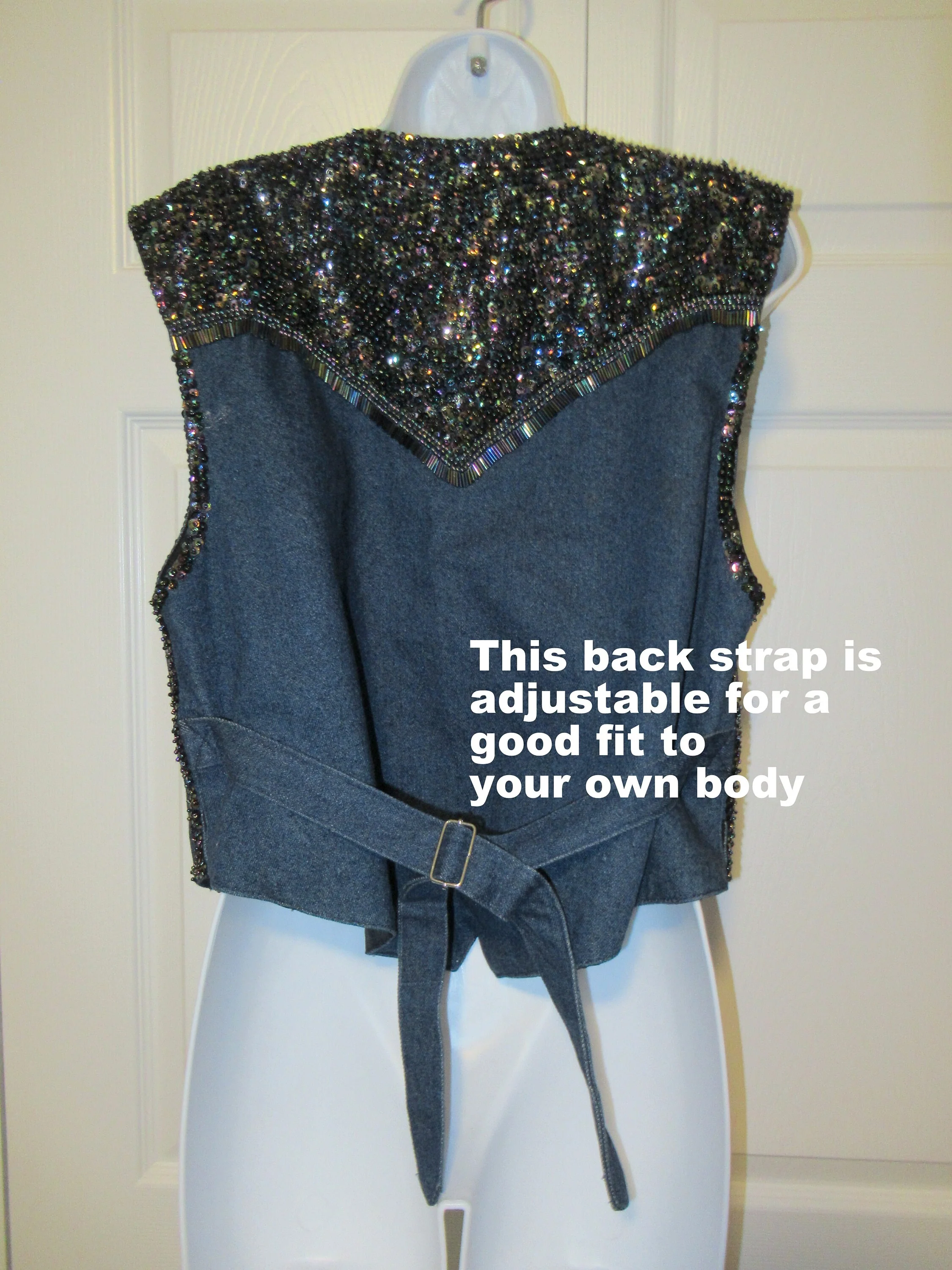 Sz M/l Denim Beaded Vest Inspired by Western Cowboy Styles, Match-Up by Natco, Front Snaps, Back Adjusts To Fit Many, 40 Inch Bust, Vtg - Image 9