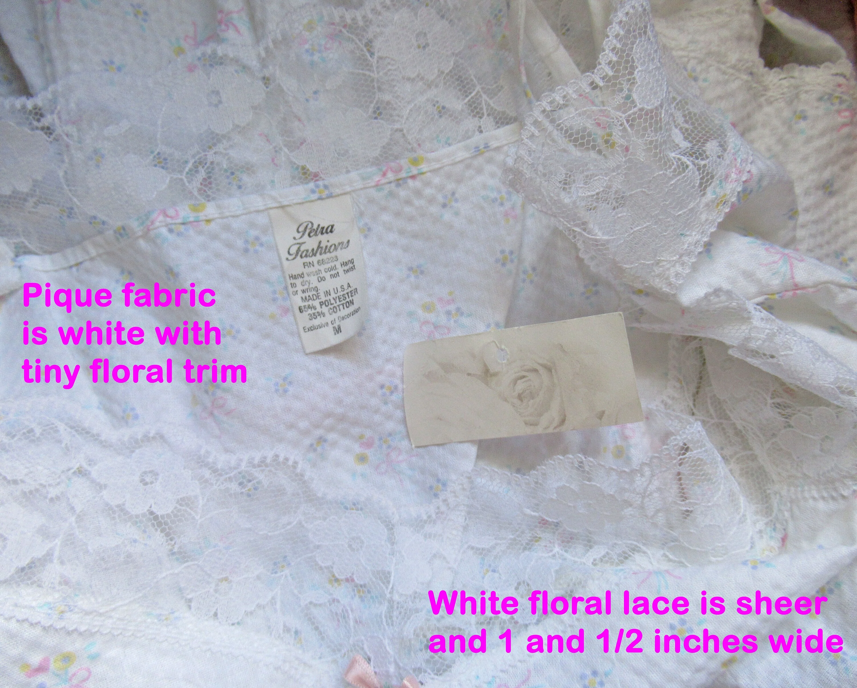 Sz Med 38 Bust Teddy Never Worn Petra Fashions, White with Tiny Floral Design and Pink Bows, Sheer Lace Low, Spaghetti Straps, Made Usa - Image 10