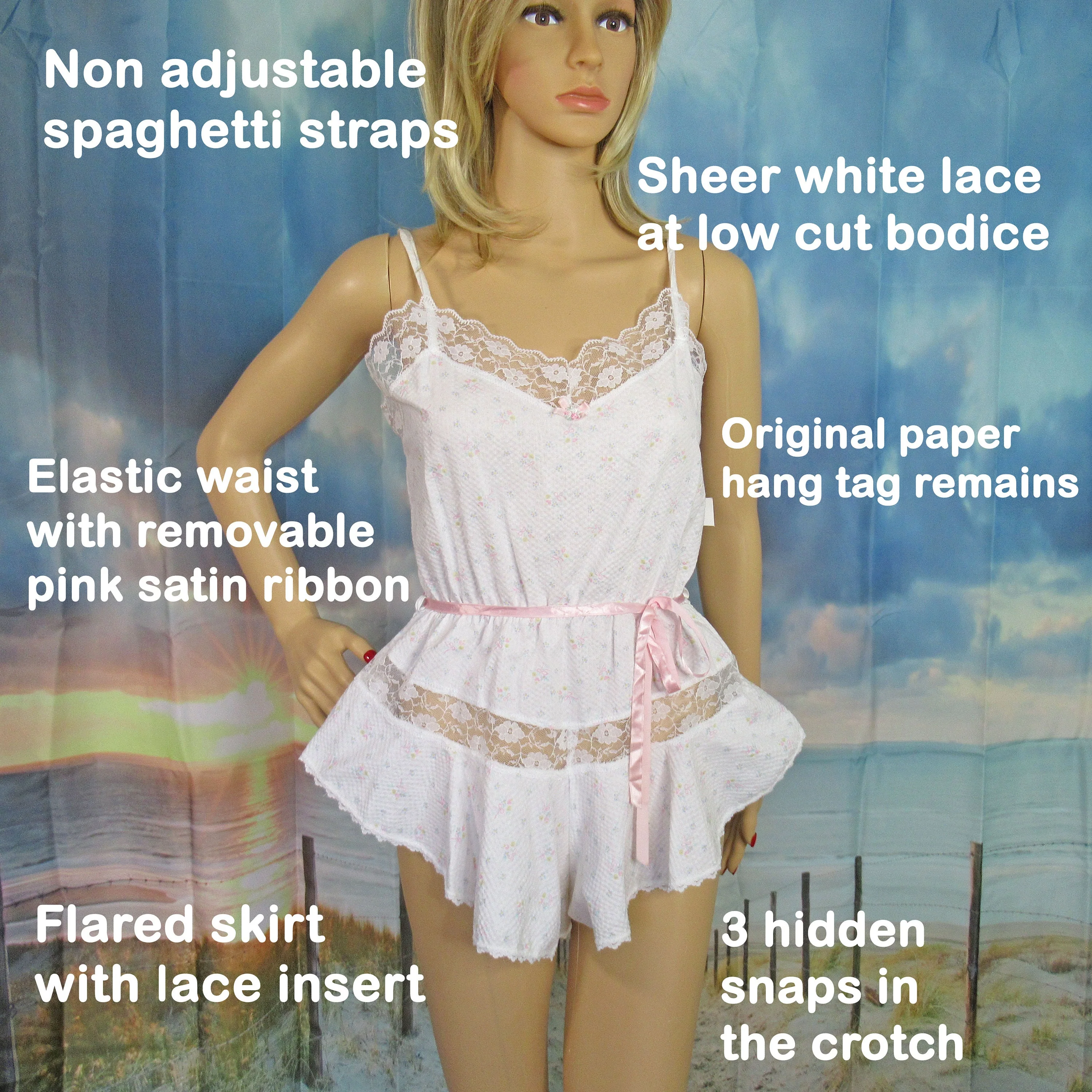 Sz Med 38 Bust Teddy Never Worn Petra Fashions, White with Tiny Floral Design and Pink Bows, Sheer Lace Low, Spaghetti Straps, Made Usa - Image 4