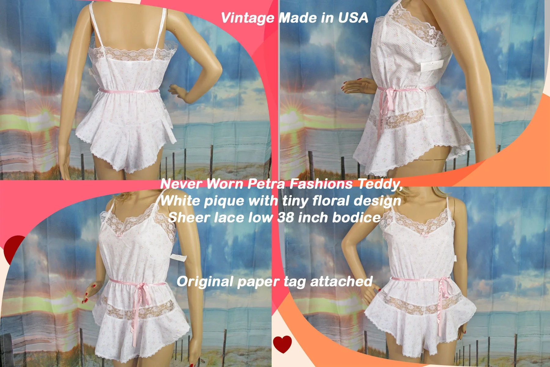 Sz Med 38 Bust Teddy Never Worn Petra Fashions, White with Tiny Floral Design and Pink Bows, Sheer Lace Low, Spaghetti Straps, Made Usa - Image 5