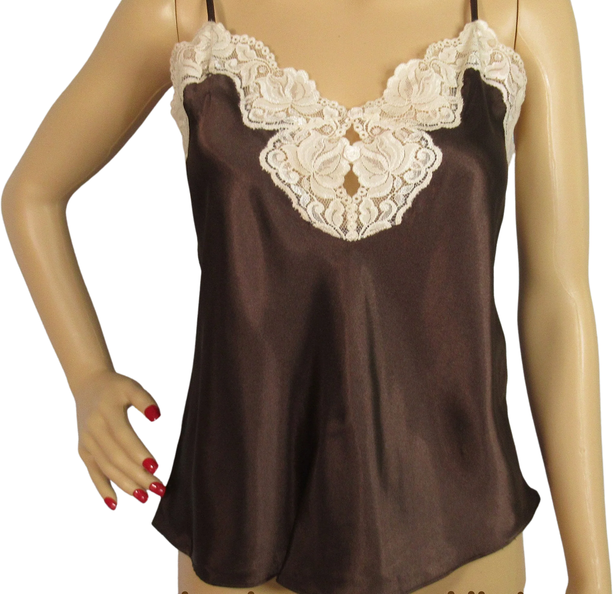 Sz Med 40 Bust Camisole Cinema Etoile Shiny Chocolate Brown Polyester Lace Beige Sheer Trim Low Cut V-Neckline Made In Philippines Vtg