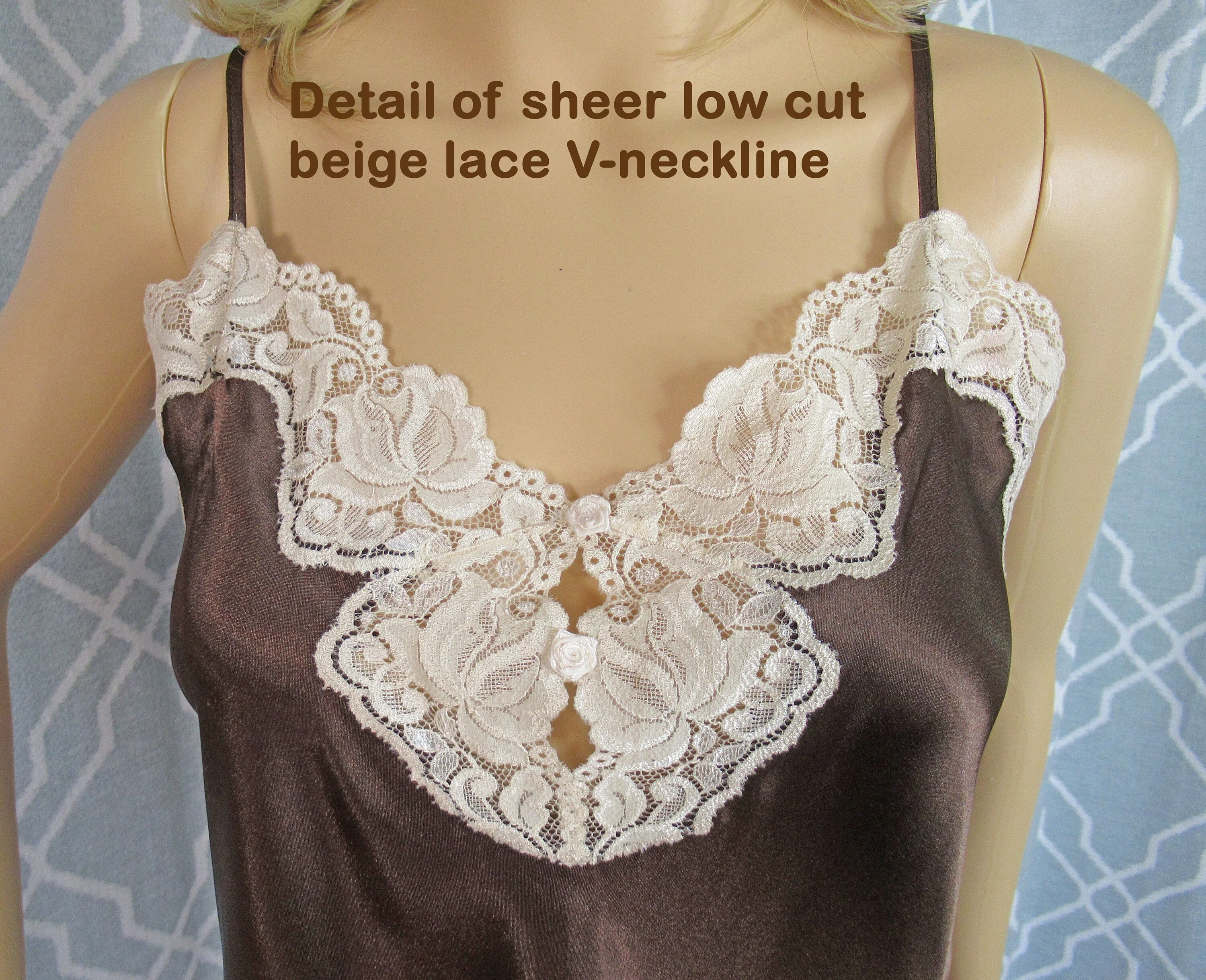 Sz Med 40 Bust Camisole Cinema Etoile Shiny Chocolate Brown Polyester Lace Beige Sheer Trim Low Cut V-Neckline Made In Philippines Vtg - Image 4
