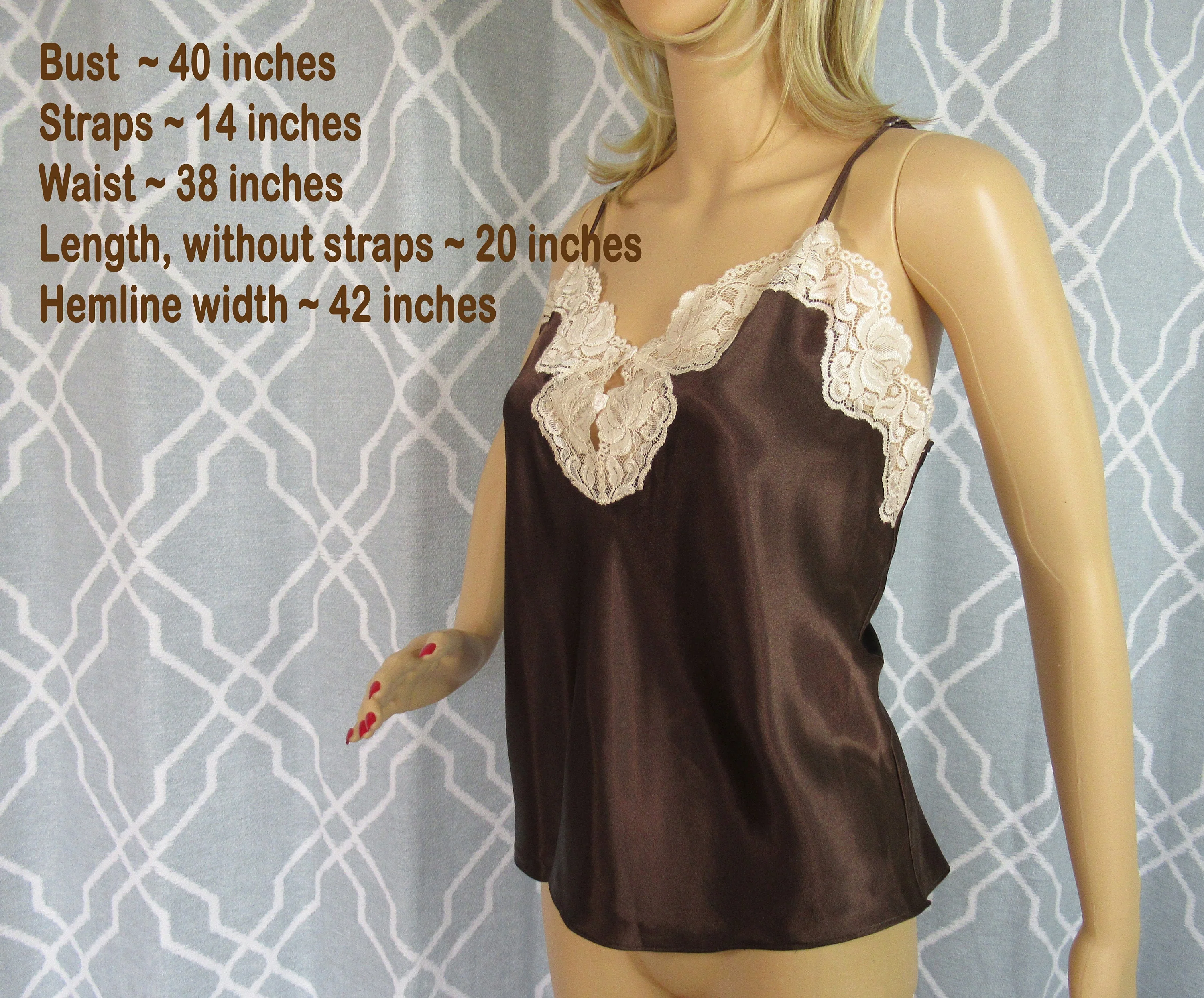 Sz Med 40 Bust Camisole Cinema Etoile Shiny Chocolate Brown Polyester Lace Beige Sheer Trim Low Cut V-Neckline Made In Philippines Vtg - Image 5