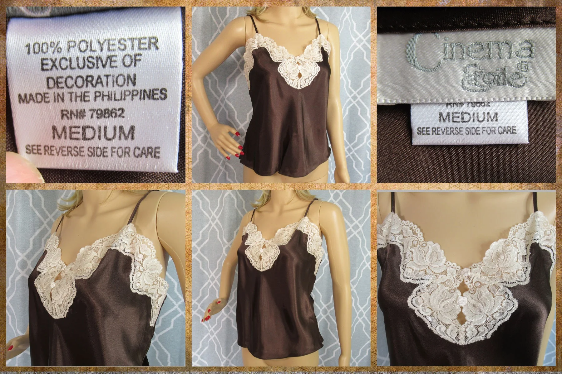 Sz Med 40 Bust Camisole Cinema Etoile Shiny Chocolate Brown Polyester Lace Beige Sheer Trim Low Cut V-Neckline Made In Philippines Vtg - Image 7