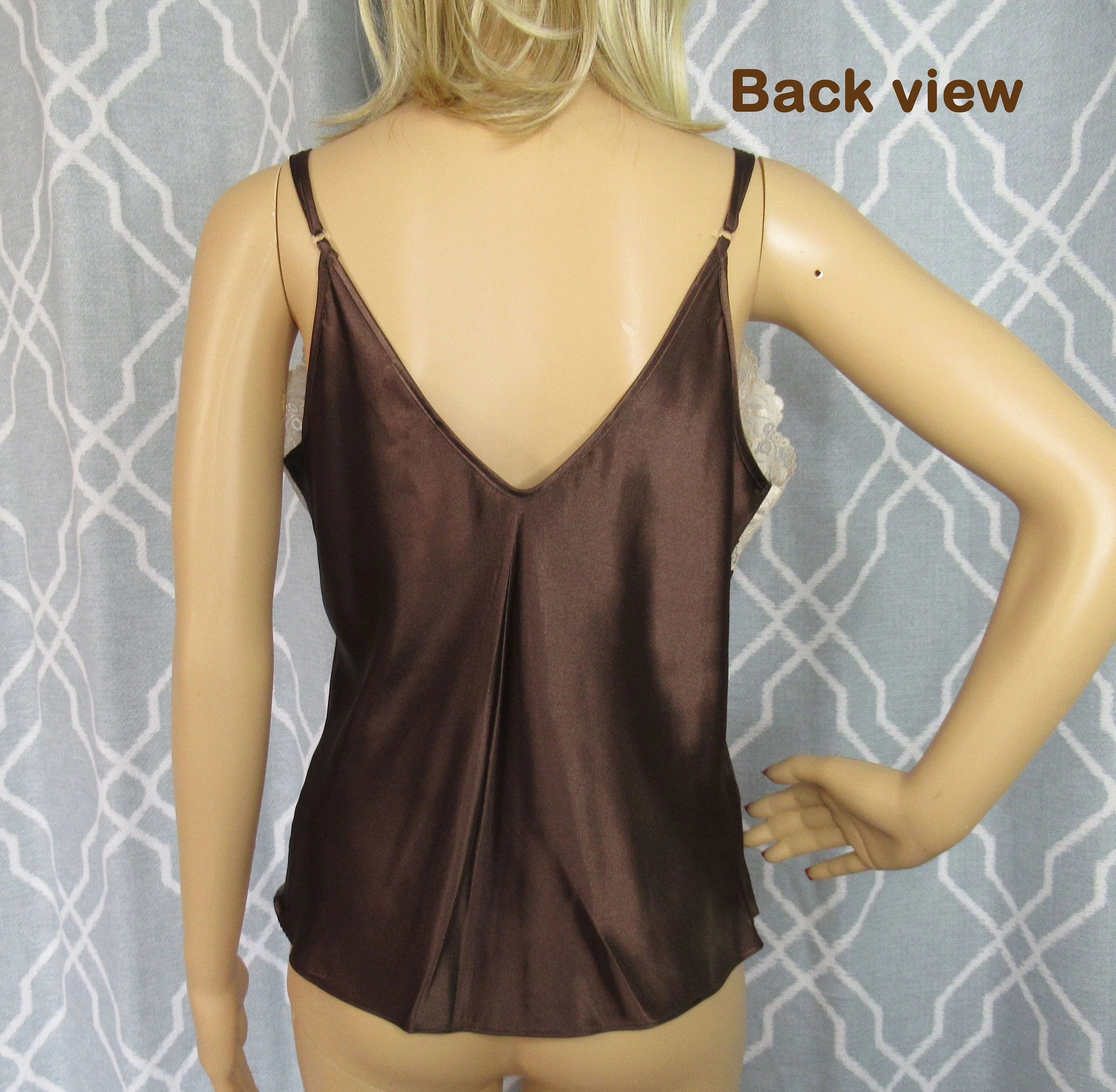 Sz Med 40 Bust Camisole Cinema Etoile Shiny Chocolate Brown Polyester Lace Beige Sheer Trim Low Cut V-Neckline Made In Philippines Vtg - Image 8