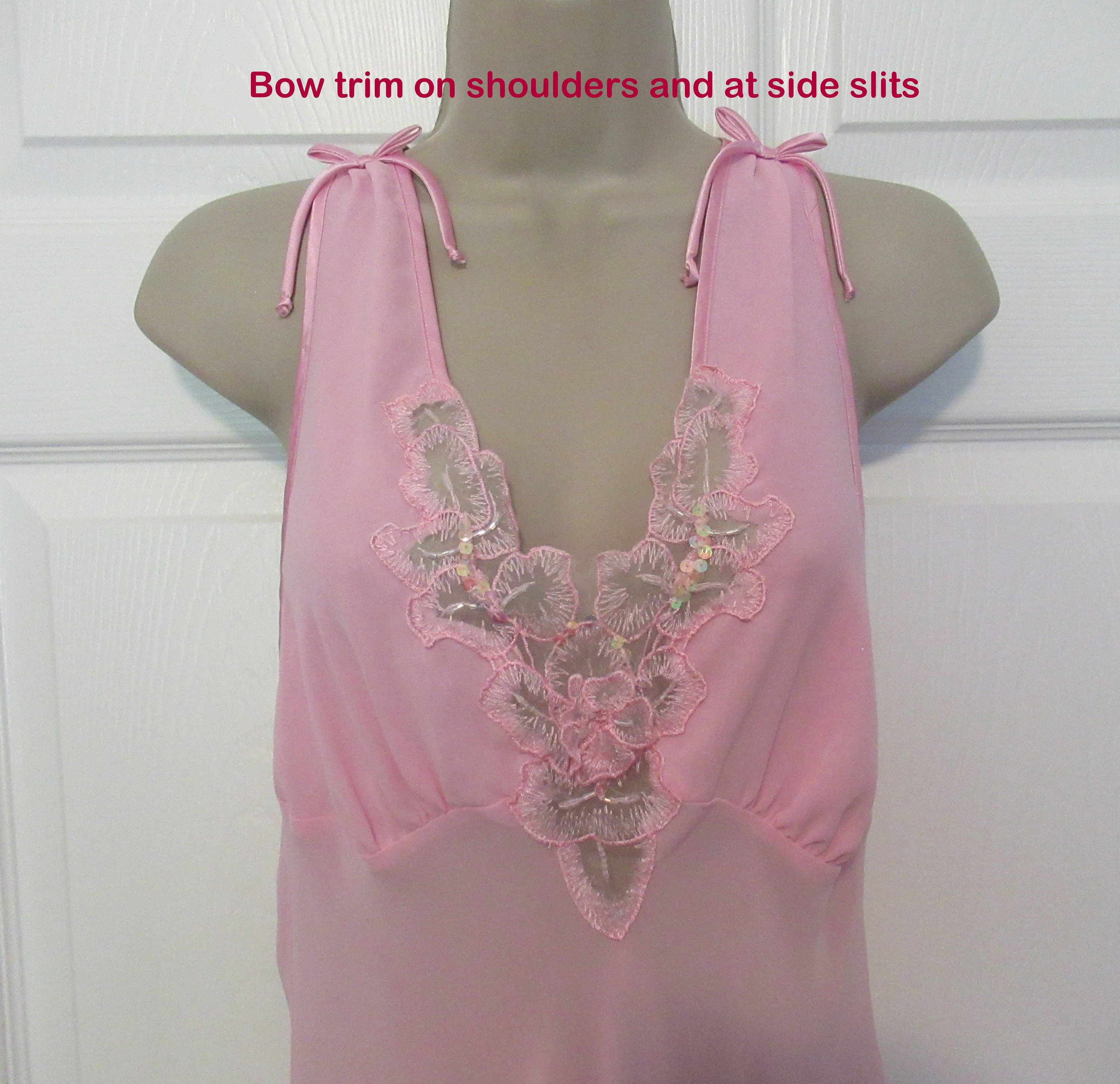 Sz Med Babydoll Gown 36 Inch Bust, Seductive Wear by Cinema Etoile Very Sheer, Pink Polyester, Lace and Bead Bodice, Made In Philippines, Vtg - Image 4