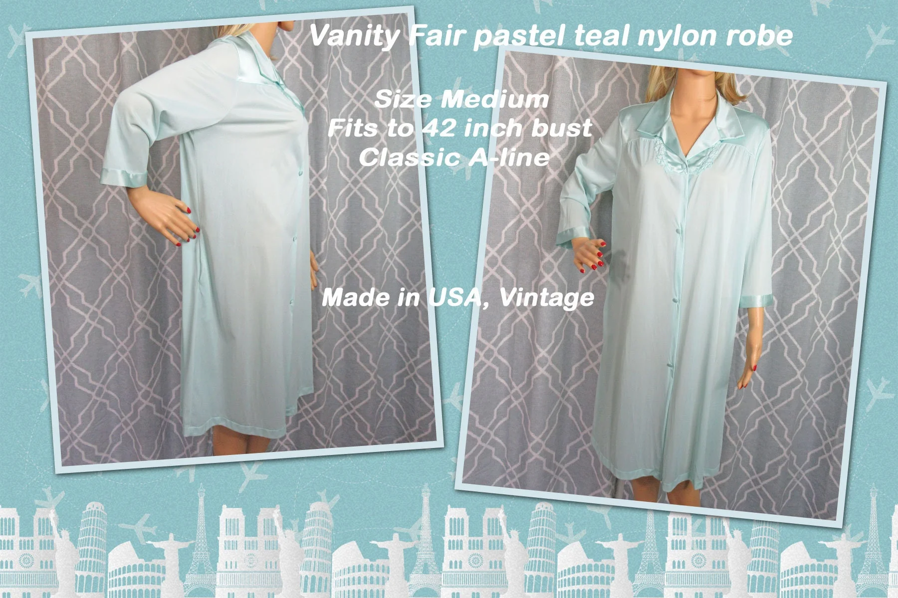 Sz Med Robe Fits To 42 Inch Bust Teal Blue Nylon, 3/4 Length Sleeves, Classic A-Line, 4 Button Front, Made In Usa, Vtg by Vanity Fair - Image 2