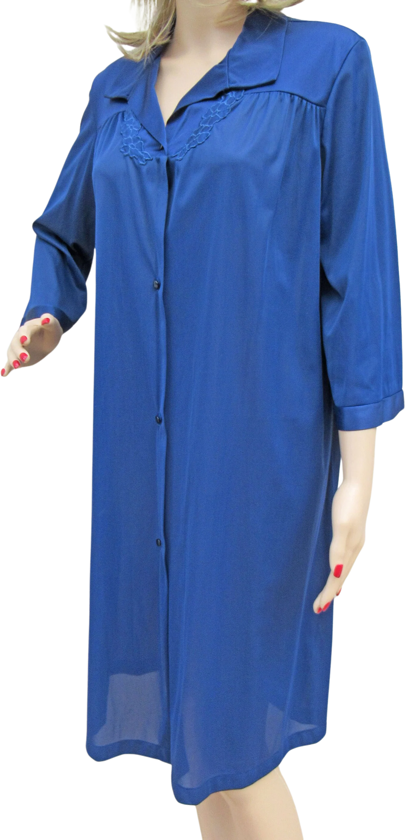 Sz Med Robe Fits To 44 Inch Bust Navy Blue Nylon, Applique Trim At Yoke, Made In Usa, A-Line Button Front Knee Length, Vtg by Vanity Fair