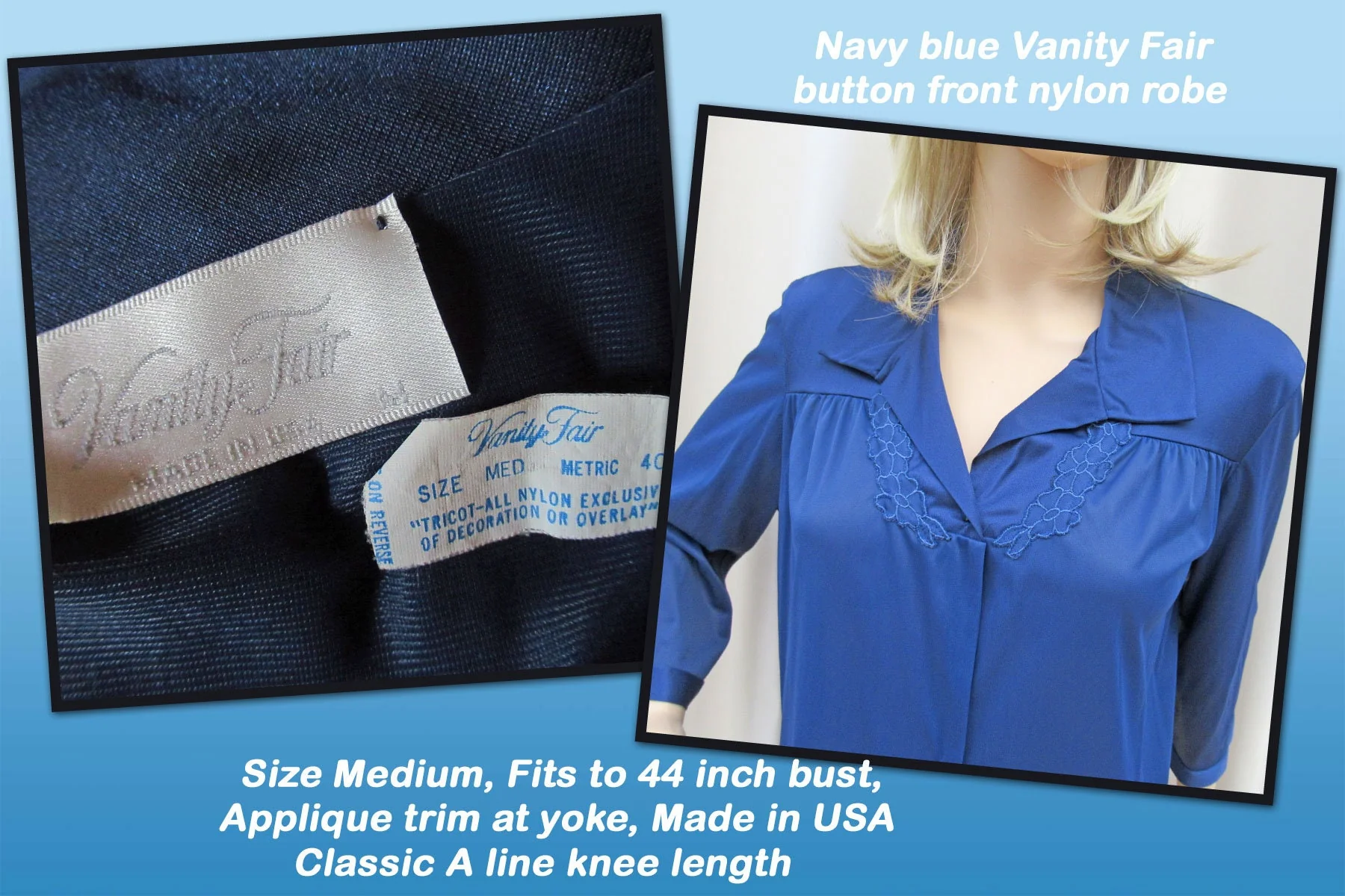 Sz Med Robe Fits To 44 Inch Bust Navy Blue Nylon, Applique Trim At Yoke, Made In Usa, A-Line Button Front Knee Length, Vtg by Vanity Fair - Image 2