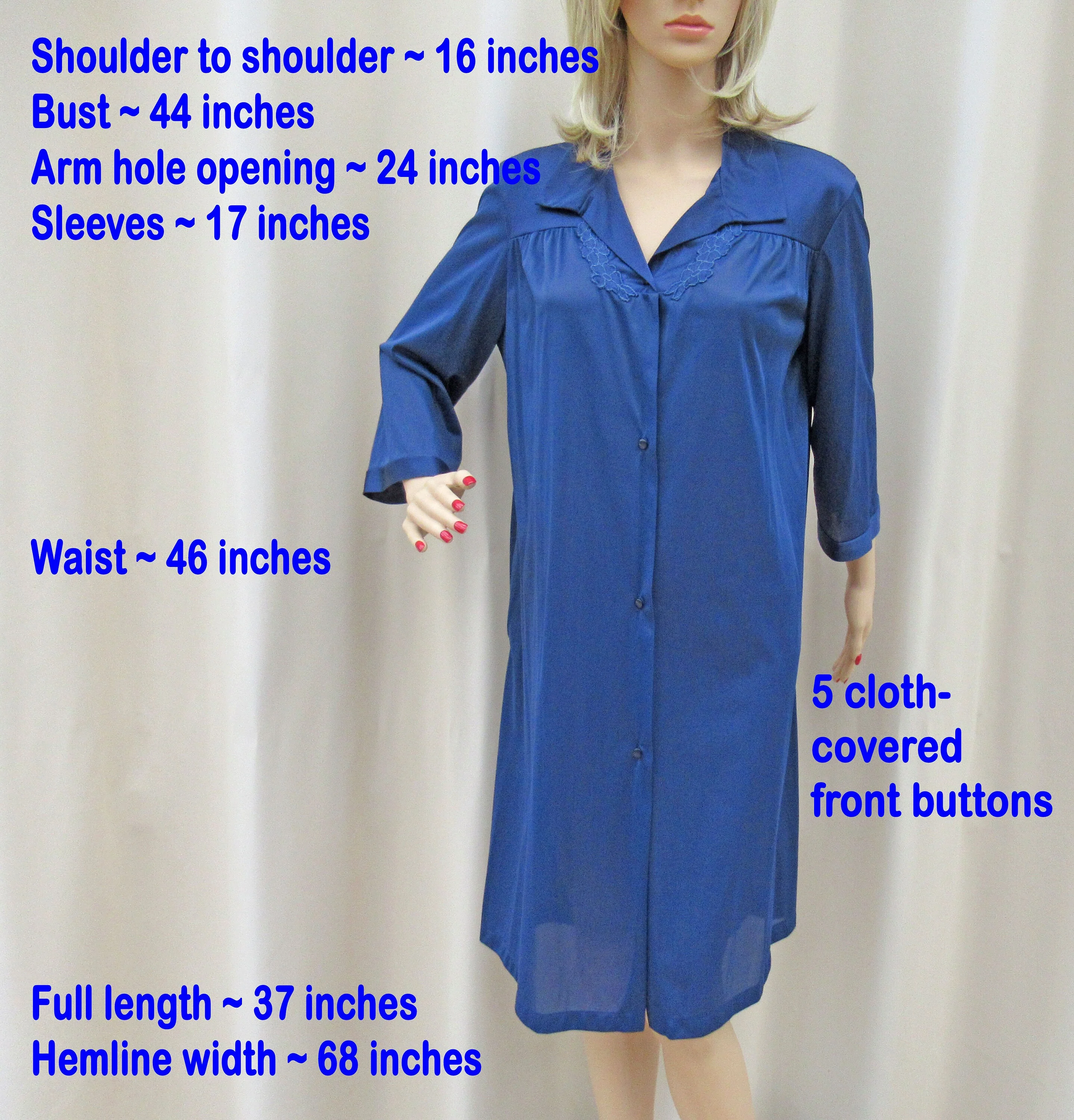 Sz Med Robe Fits To 44 Inch Bust Navy Blue Nylon, Applique Trim At Yoke, Made In Usa, A-Line Button Front Knee Length, Vtg by Vanity Fair - Image 3