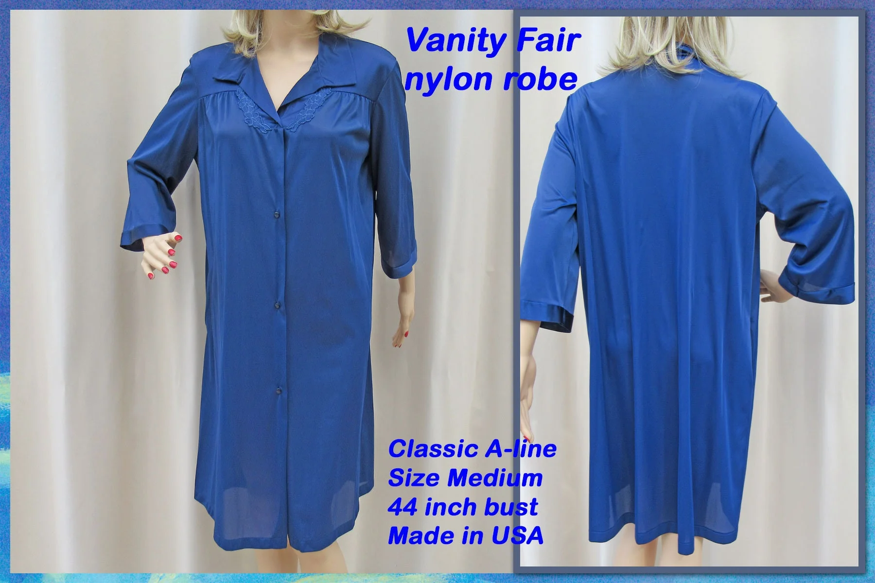 Sz Med Robe Fits To 44 Inch Bust Navy Blue Nylon, Applique Trim At Yoke, Made In Usa, A-Line Button Front Knee Length, Vtg by Vanity Fair - Image 6