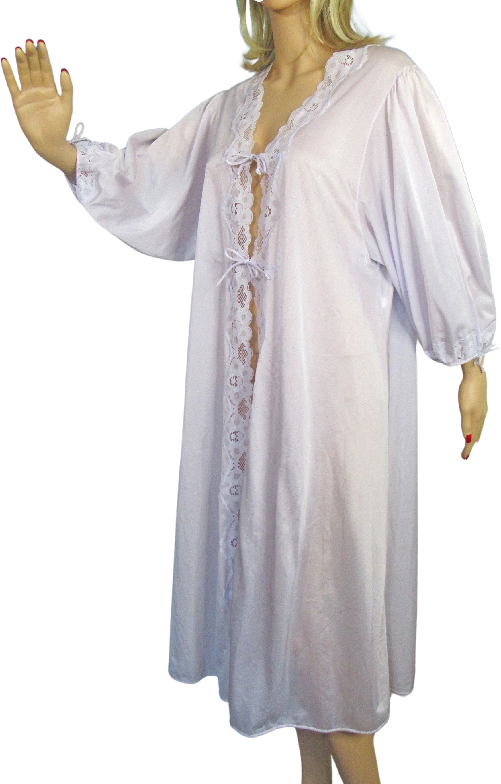 Sz Med Robe Flair Negligee Style Open Front Pastel Lavender Nylon, Lace and Ties, Made In Usa, Full Sleeve, Older Ilgwu Union Tag, Vtg