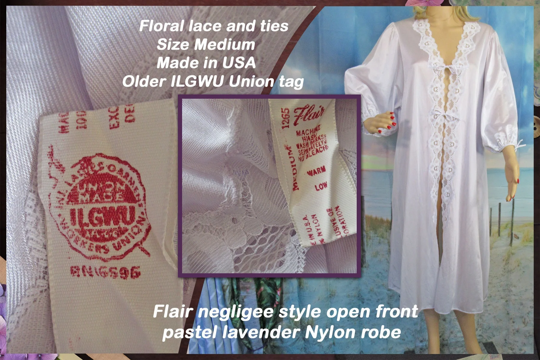 Sz Med Robe Flair Negligee Style Open Front Pastel Lavender Nylon, Lace and Ties, Made In Usa, Full Sleeve, Older Ilgwu Union Tag, Vtg - Image 3