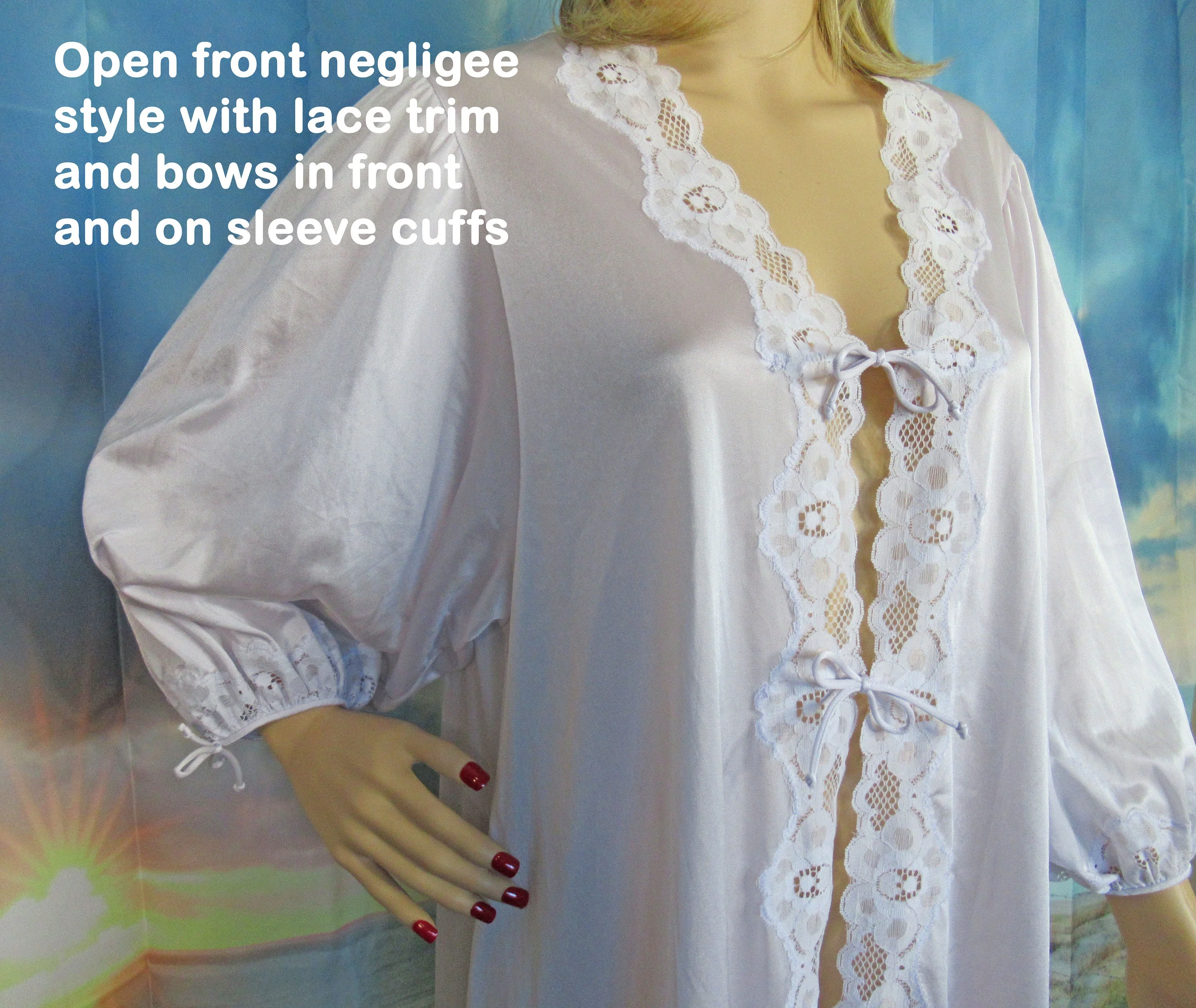 Sz Med Robe Flair Negligee Style Open Front Pastel Lavender Nylon, Lace and Ties, Made In Usa, Full Sleeve, Older Ilgwu Union Tag, Vtg - Image 5