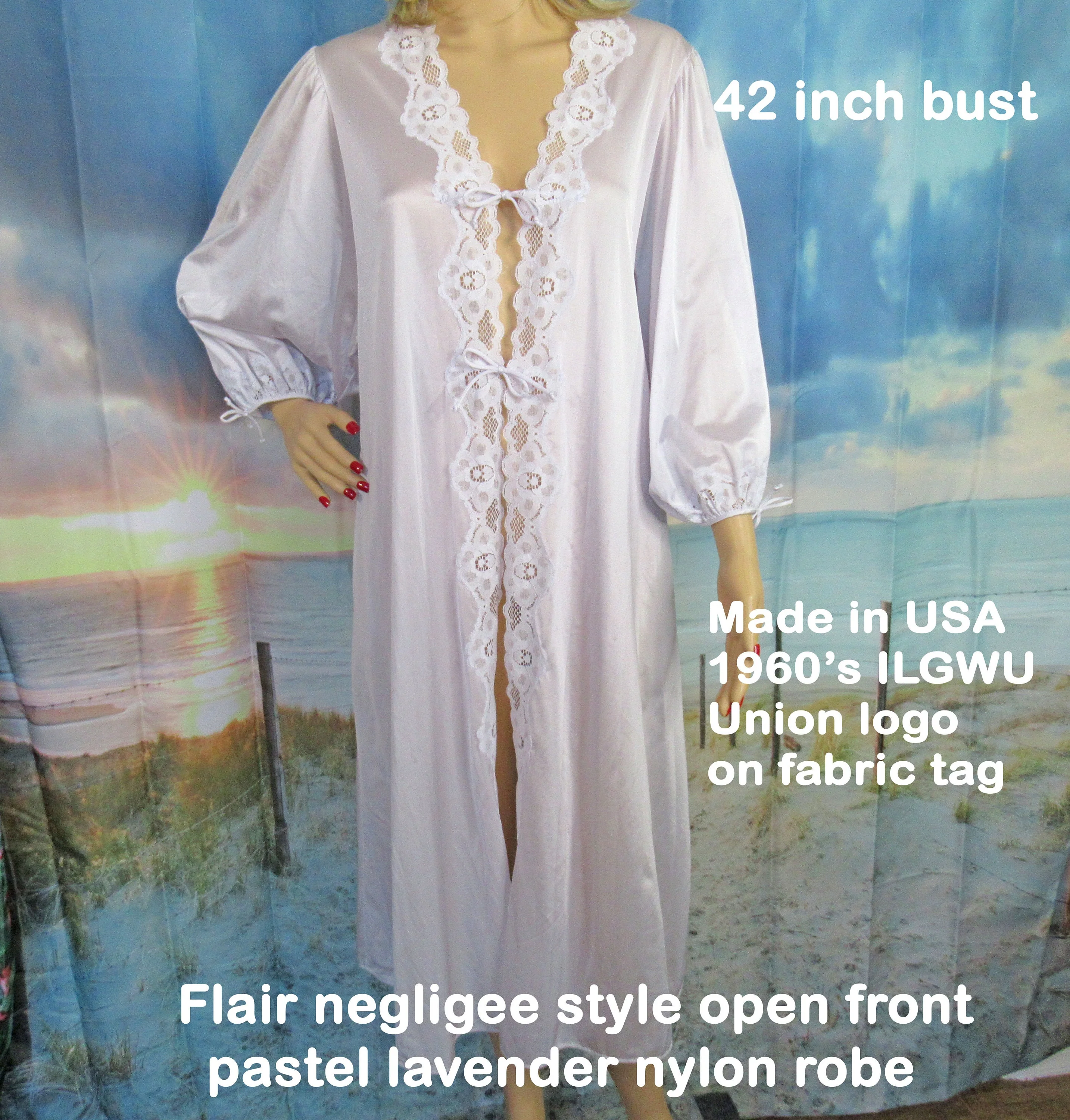 Sz Med Robe Flair Negligee Style Open Front Pastel Lavender Nylon, Lace and Ties, Made In Usa, Full Sleeve, Older Ilgwu Union Tag, Vtg - Image 8