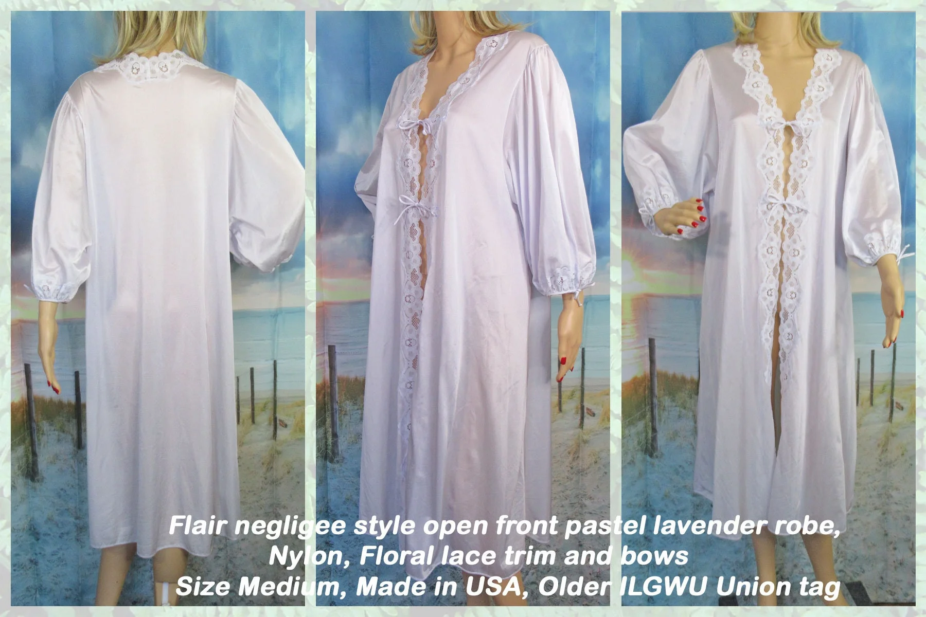 Sz Med Robe Flair Negligee Style Open Front Pastel Lavender Nylon, Lace and Ties, Made In Usa, Full Sleeve, Older Ilgwu Union Tag, Vtg - Image 9