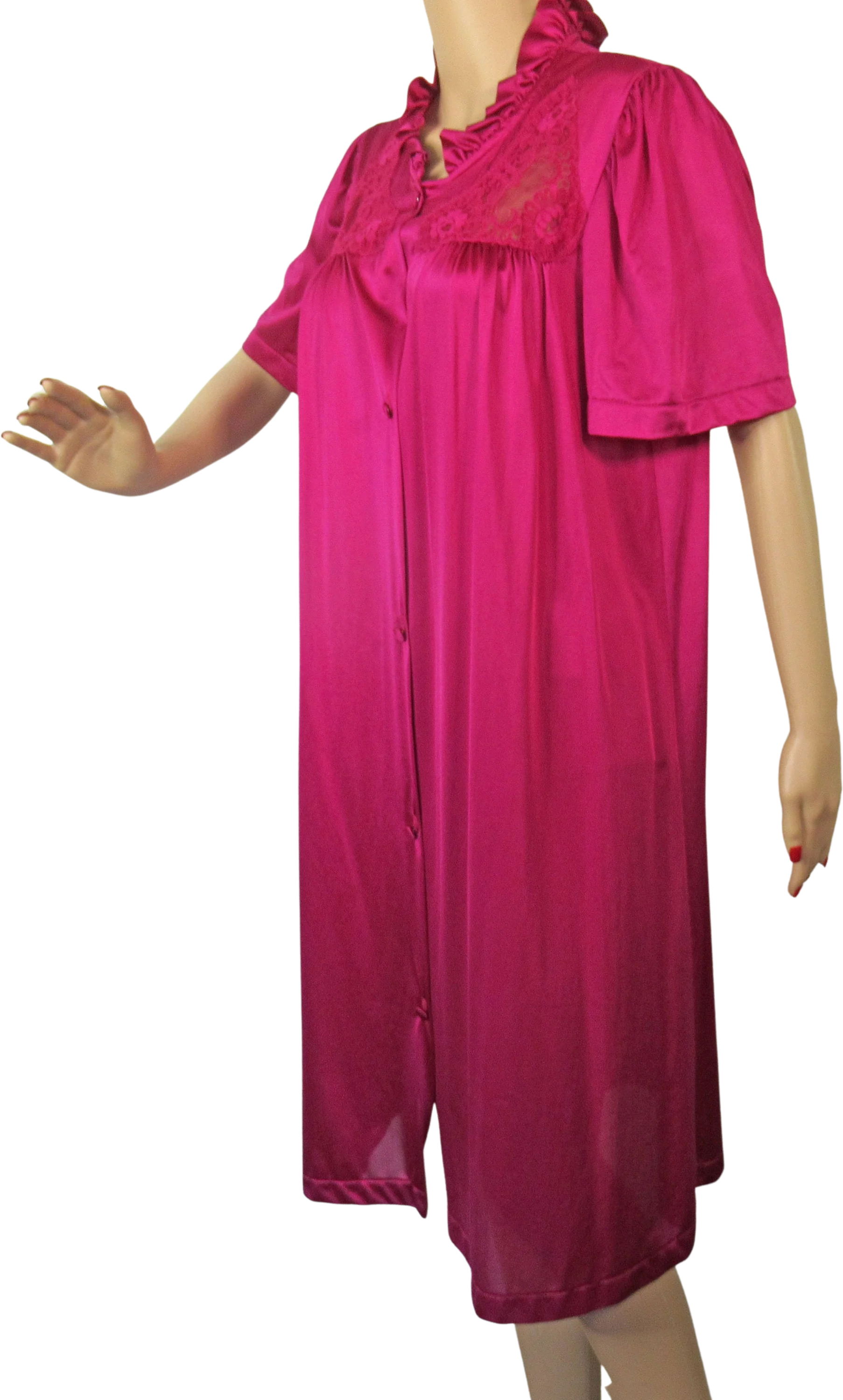 Sz Med Robe Self Ruffle Collar 42 Inch Bust, Bright Pink Nylon, Lace Bodice Inserts, Button Front, Short Sleeve, Made In Usa, Vtg by Lorraine