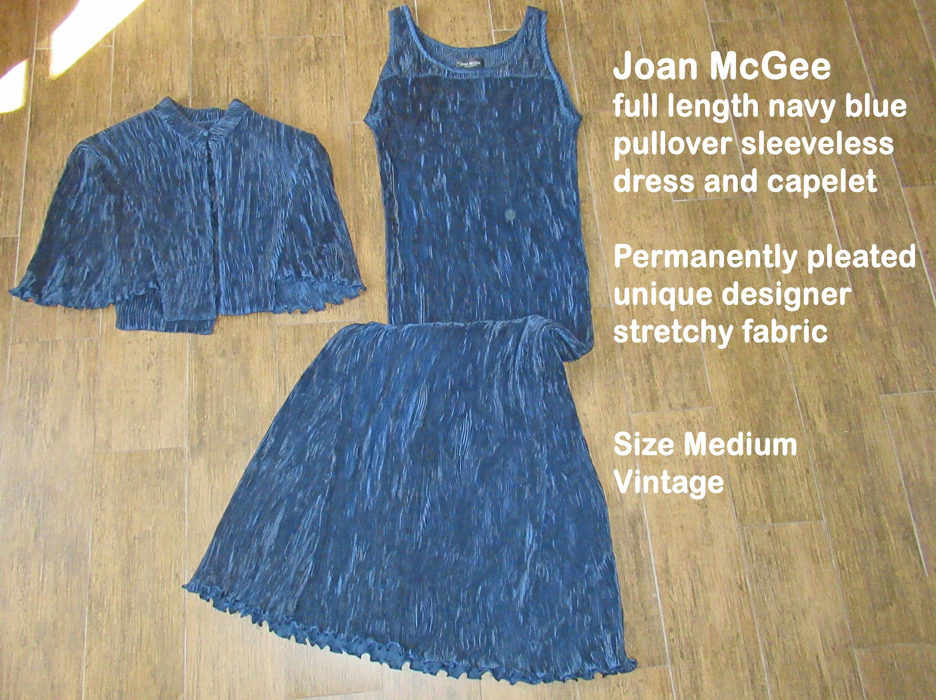 Sz Med Set Dress and Capelet Long Navy Blue Pullover Sleeveless Stretch 30 - 39 Bust Permanently Pleated Designer Fabric Vtg by Joan McGee - Image 10