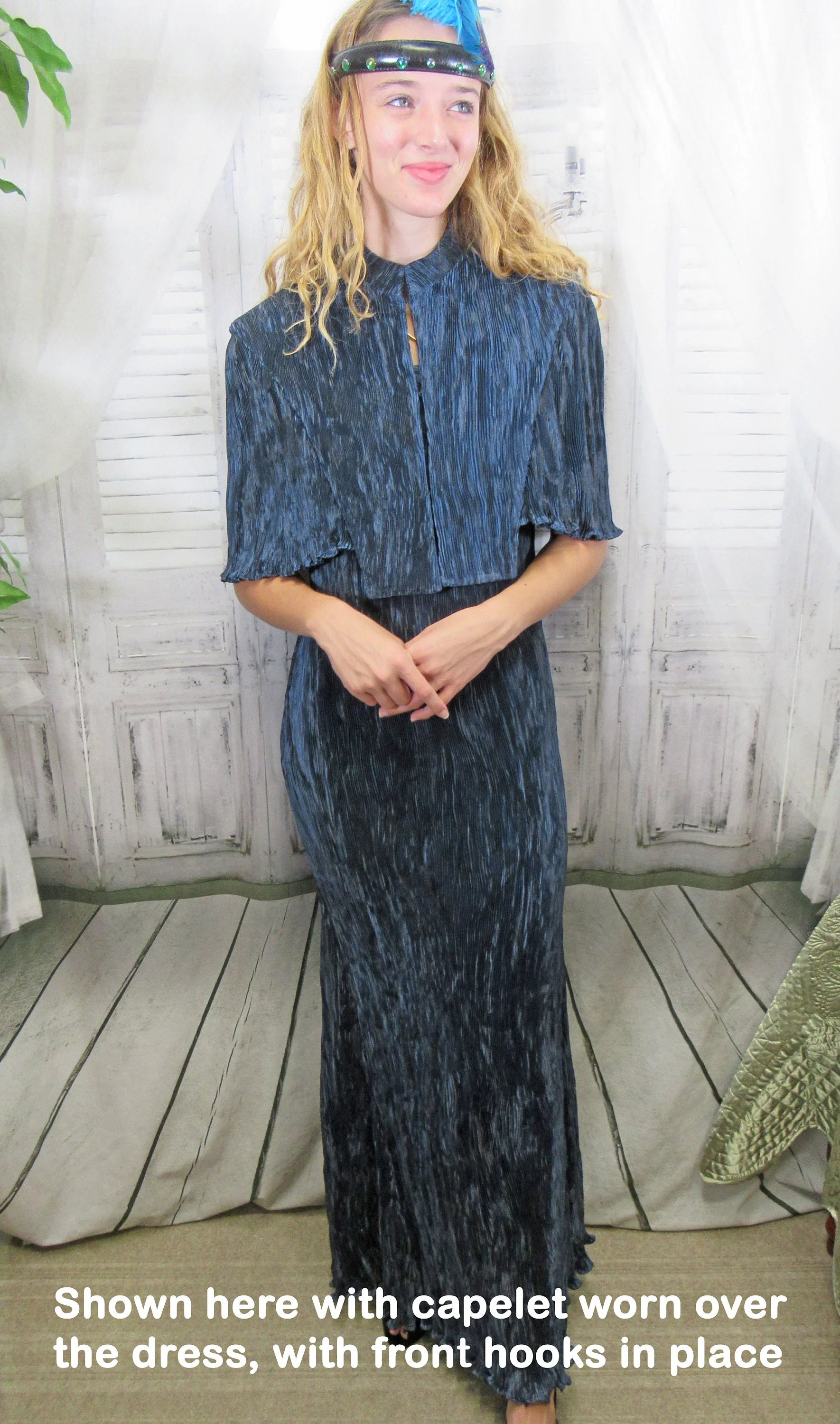 Sz Med Set Dress and Capelet Long Navy Blue Pullover Sleeveless Stretch 30 - 39 Bust Permanently Pleated Designer Fabric Vtg by Joan McGee - Image 2