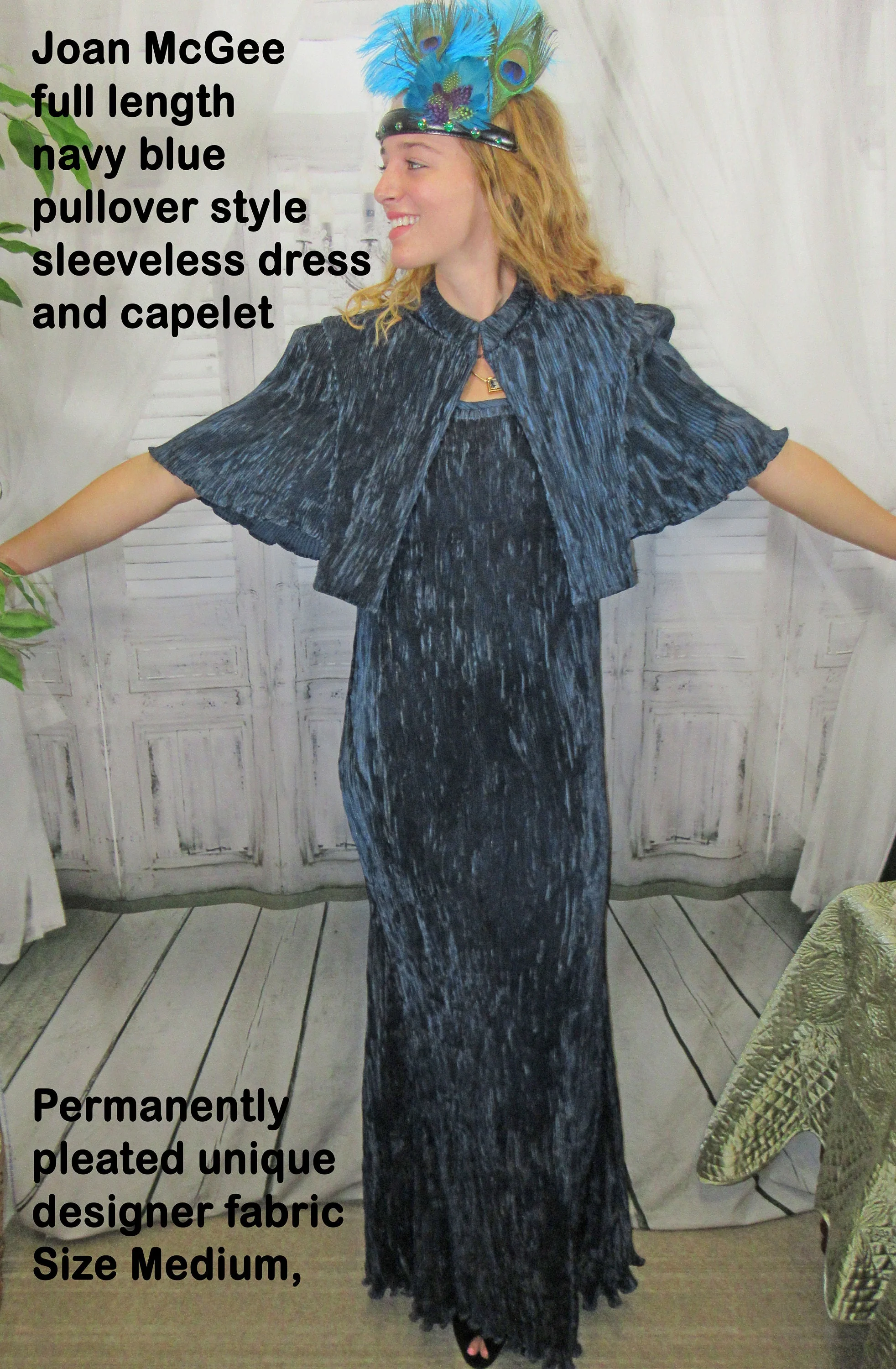 Sz Med Set Dress and Capelet Long Navy Blue Pullover Sleeveless Stretch 30 - 39 Bust Permanently Pleated Designer Fabric Vtg by Joan McGee - Image 5