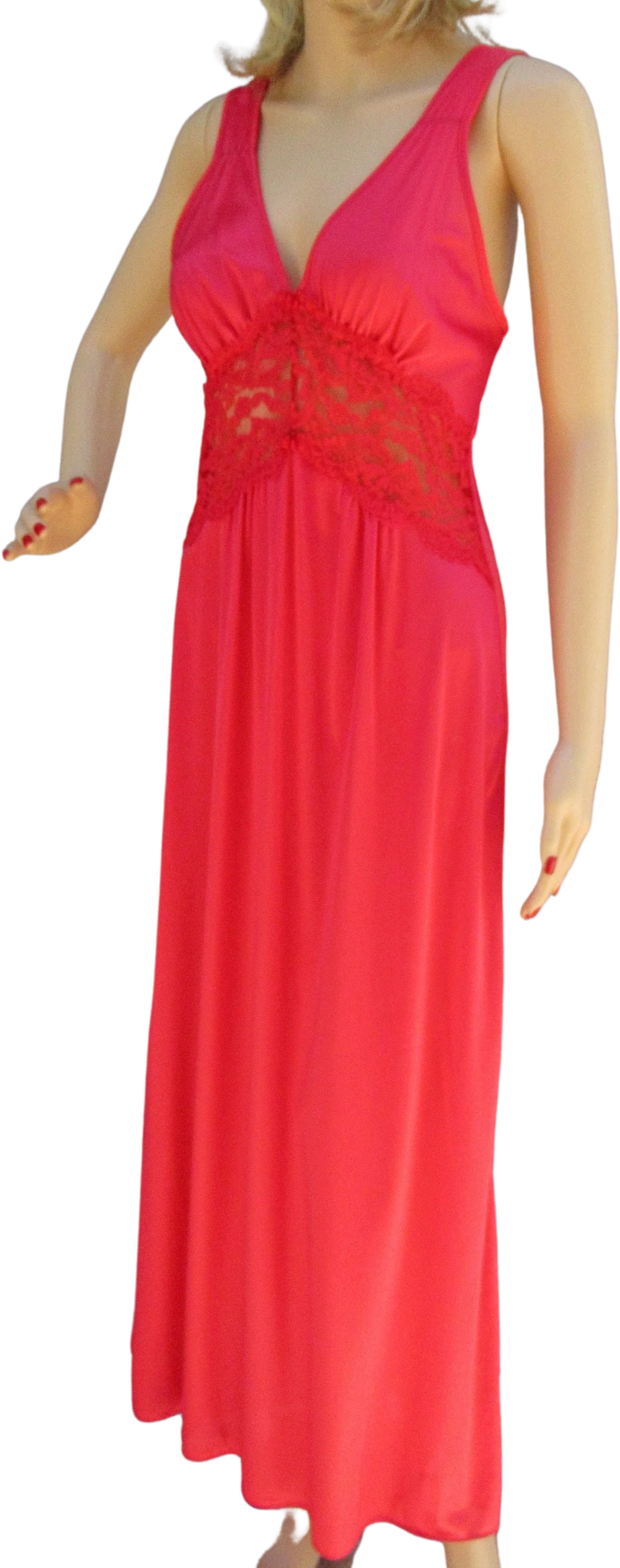 Sz Med V-Neck Nightgown Nylon with Sheer Lace and Low Cut Bodice, 34 - 36 Inch Bust, Bright Red Petra Fashions Flattering Long, Made Usa, Vtg