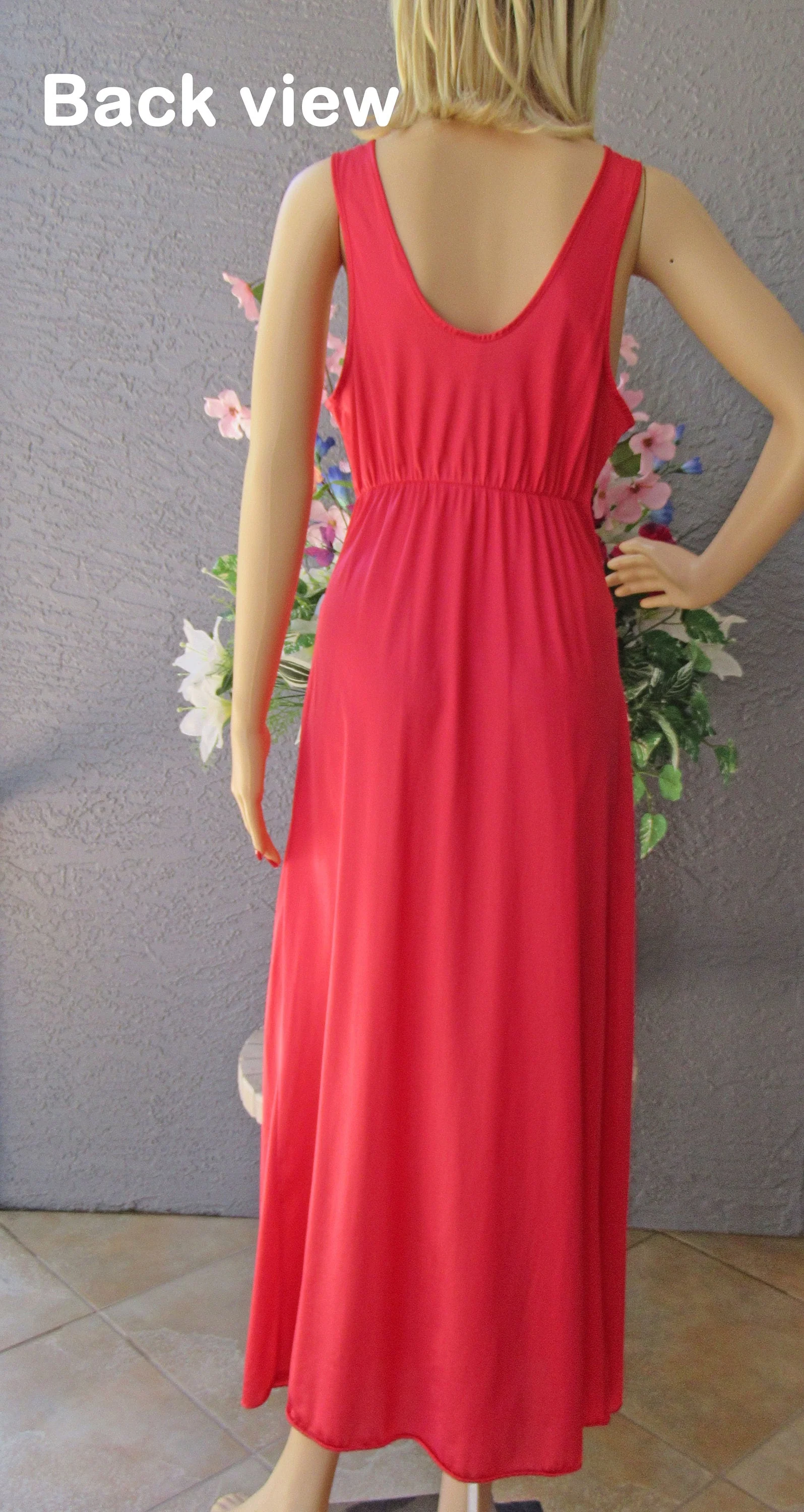 Sz Med V-Neck Nightgown Nylon with Sheer Lace and Low Cut Bodice, 34 - 36 Inch Bust, Bright Red Petra Fashions Flattering Long, Made Usa, Vtg - Image 10