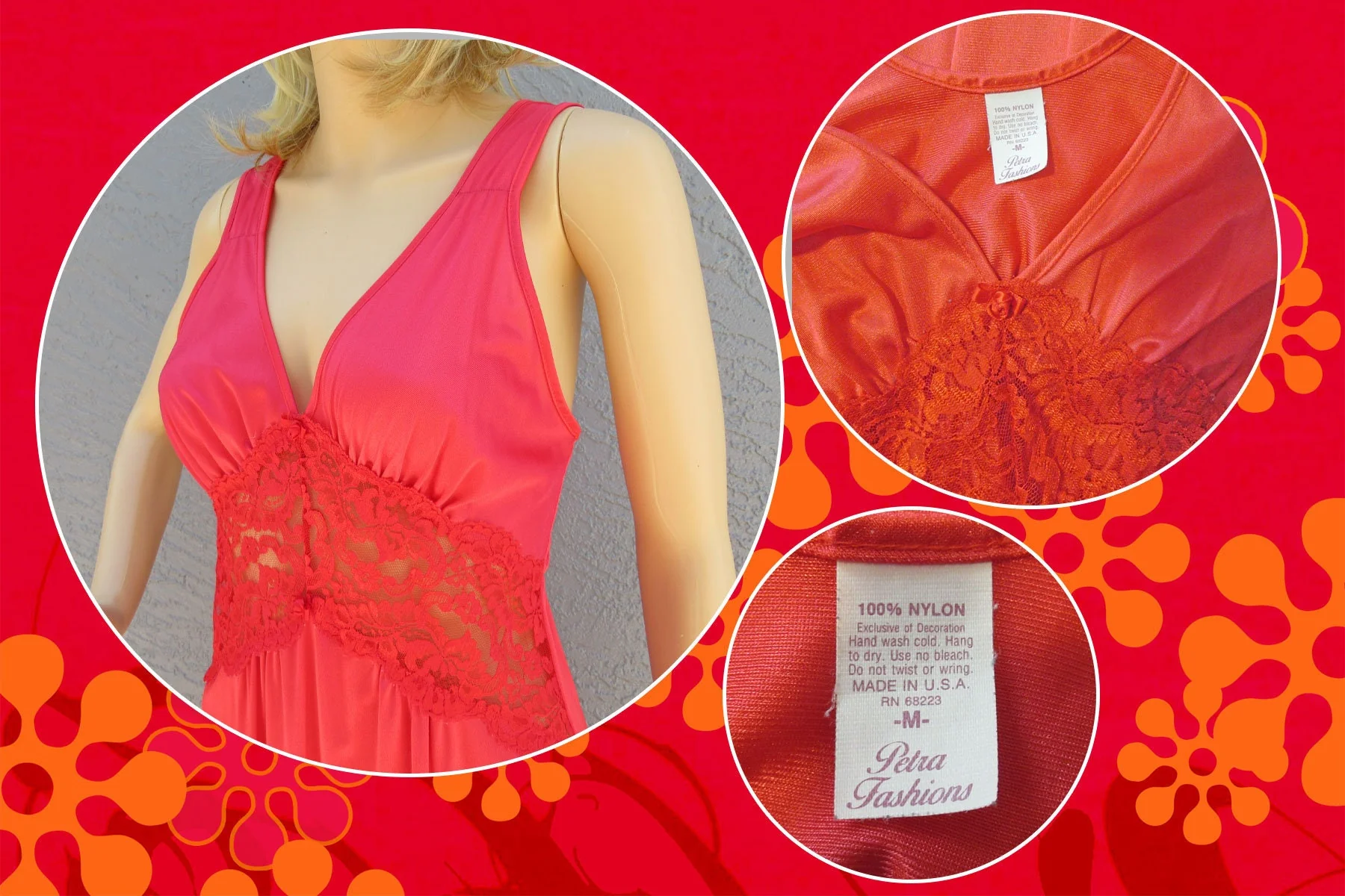 Sz Med V-Neck Nightgown Nylon with Sheer Lace and Low Cut Bodice, 34 - 36 Inch Bust, Bright Red Petra Fashions Flattering Long, Made Usa, Vtg - Image 2