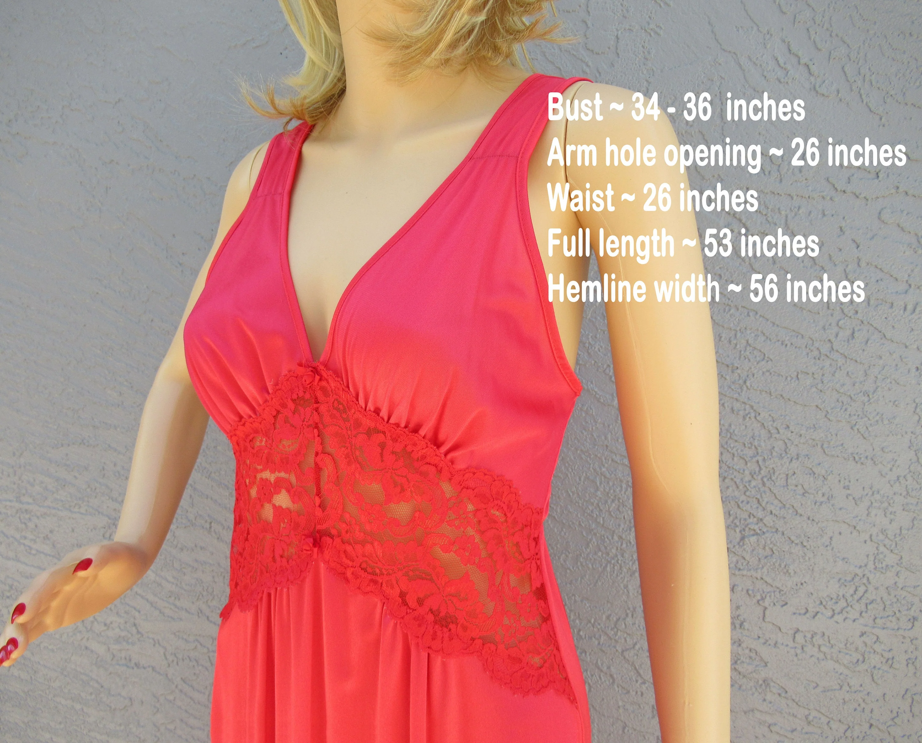 Sz Med V-Neck Nightgown Nylon with Sheer Lace and Low Cut Bodice, 34 - 36 Inch Bust, Bright Red Petra Fashions Flattering Long, Made Usa, Vtg - Image 3