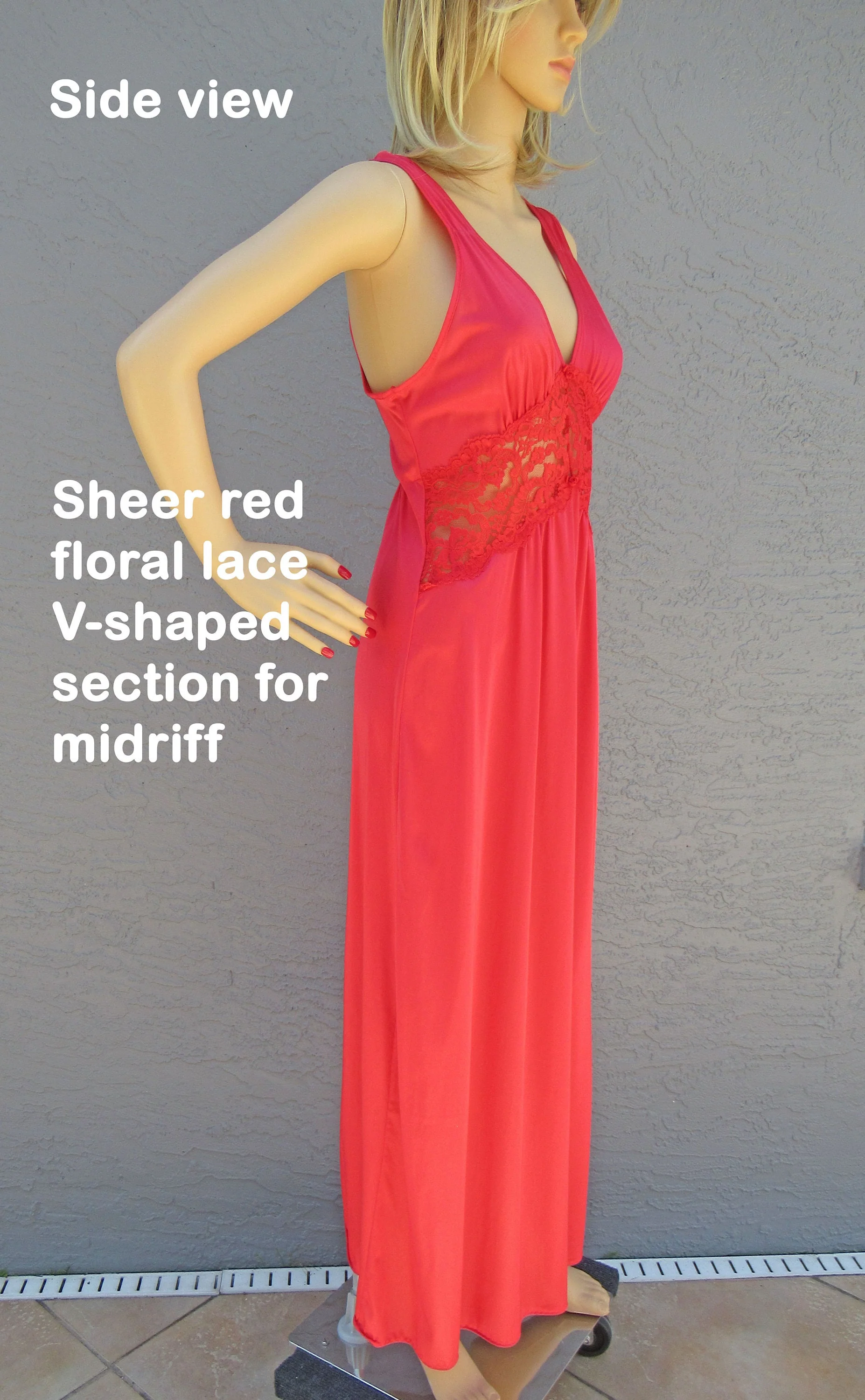 Sz Med V-Neck Nightgown Nylon with Sheer Lace and Low Cut Bodice, 34 - 36 Inch Bust, Bright Red Petra Fashions Flattering Long, Made Usa, Vtg - Image 4